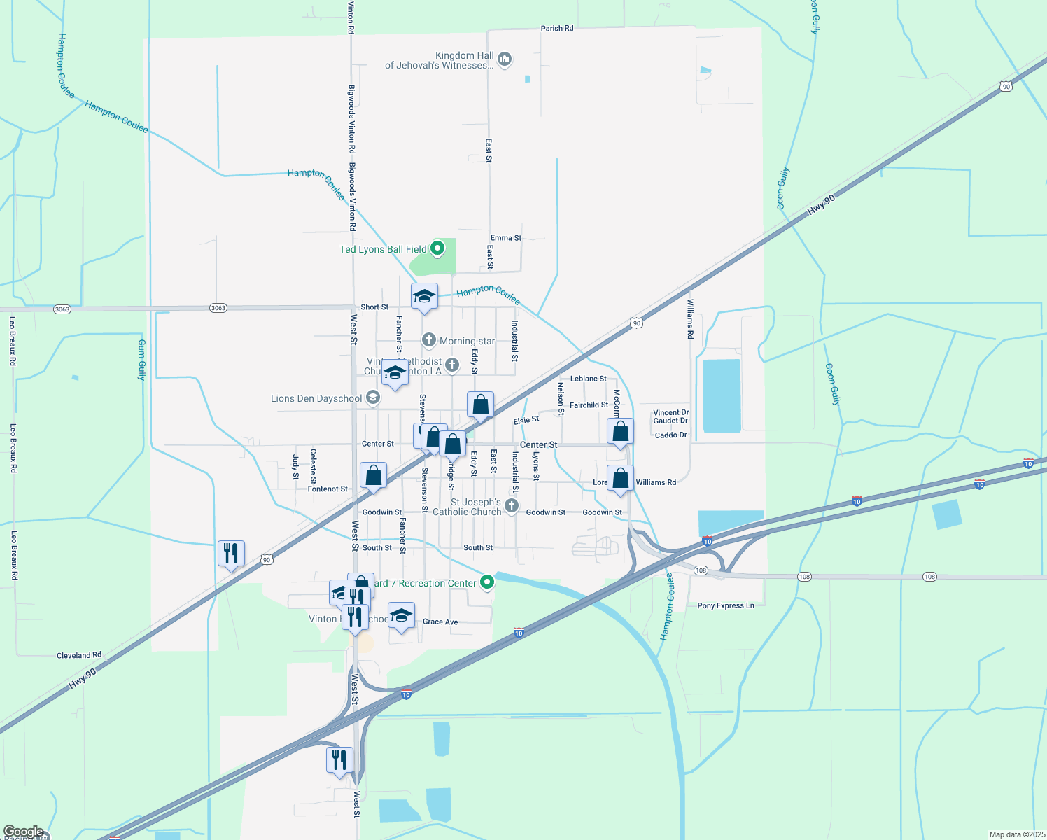 map of restaurants, bars, coffee shops, grocery stores, and more near 1115 Elsie St in Vinton
