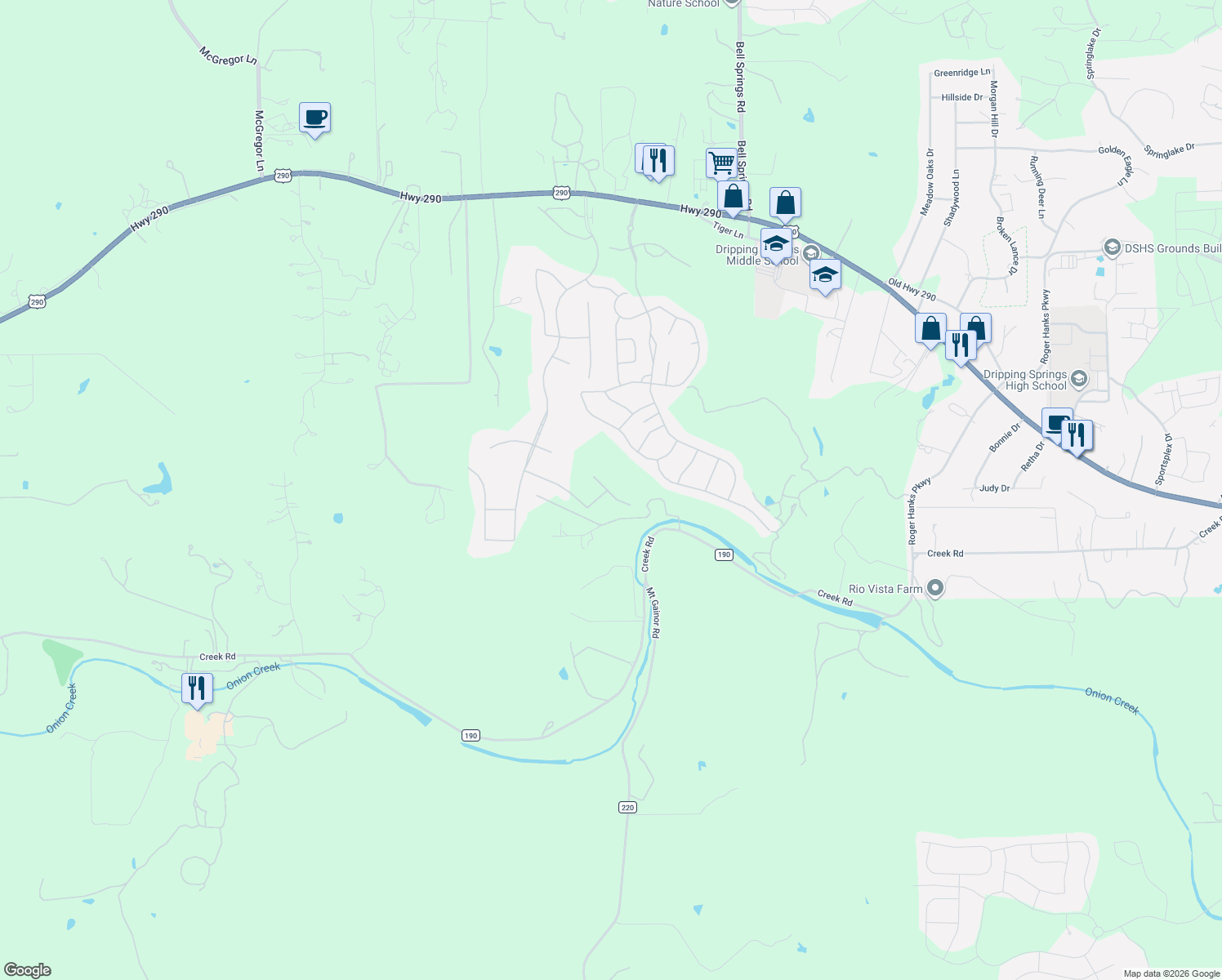 map of restaurants, bars, coffee shops, grocery stores, and more near in Dripping Springs