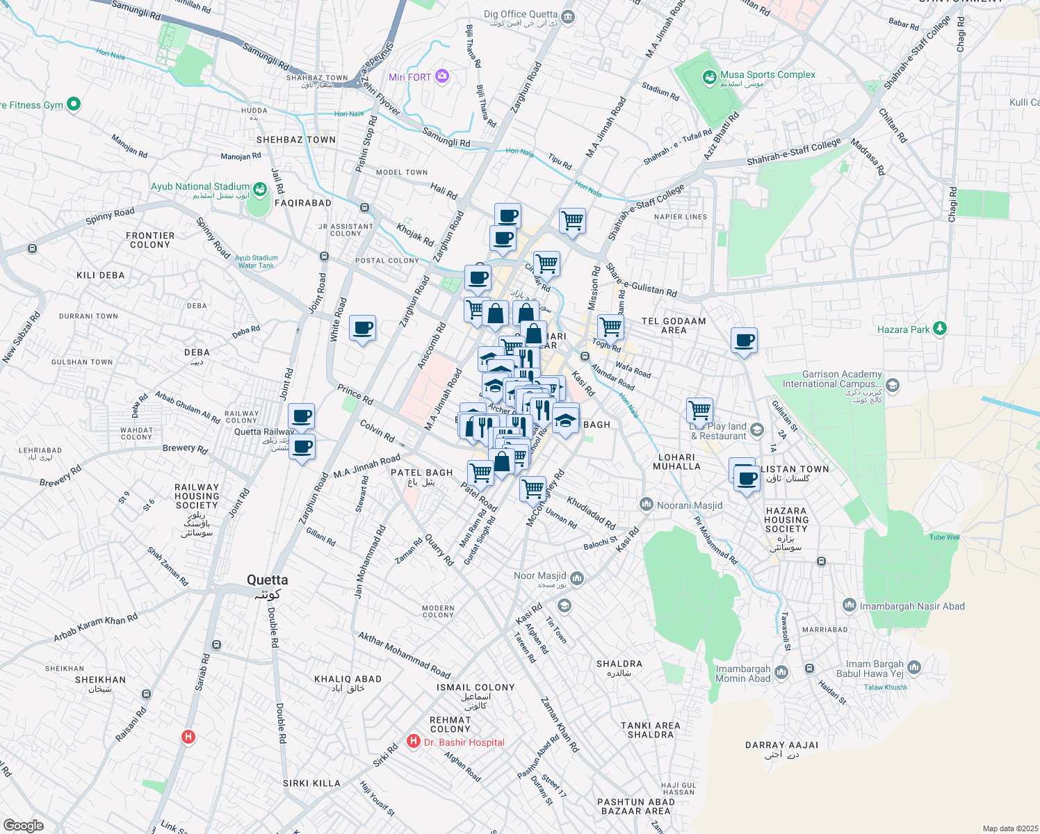 map of restaurants, bars, coffee shops, grocery stores, and more near Archer Road in Quetta