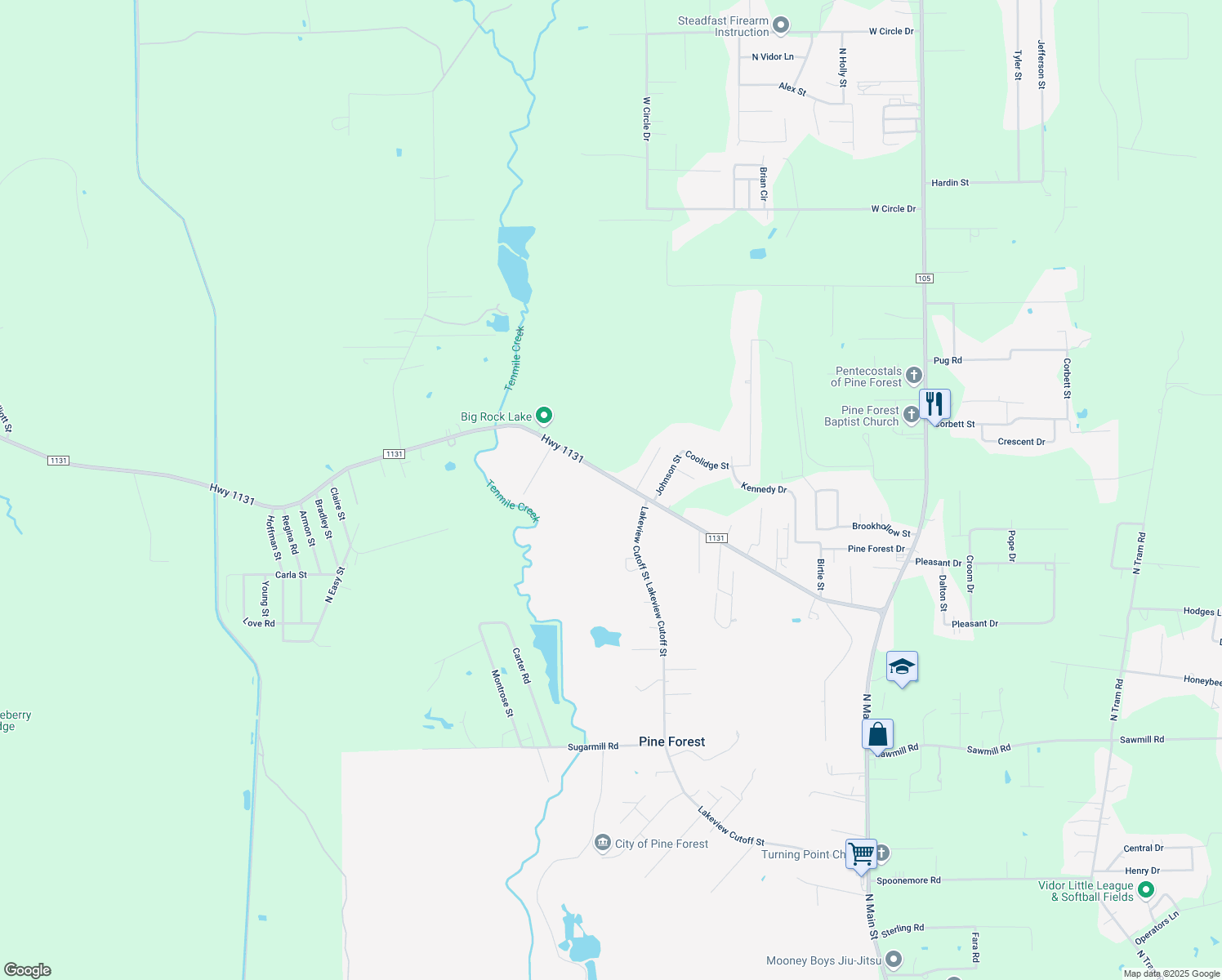 map of restaurants, bars, coffee shops, grocery stores, and more near 1041 Highway 1131 in Vidor