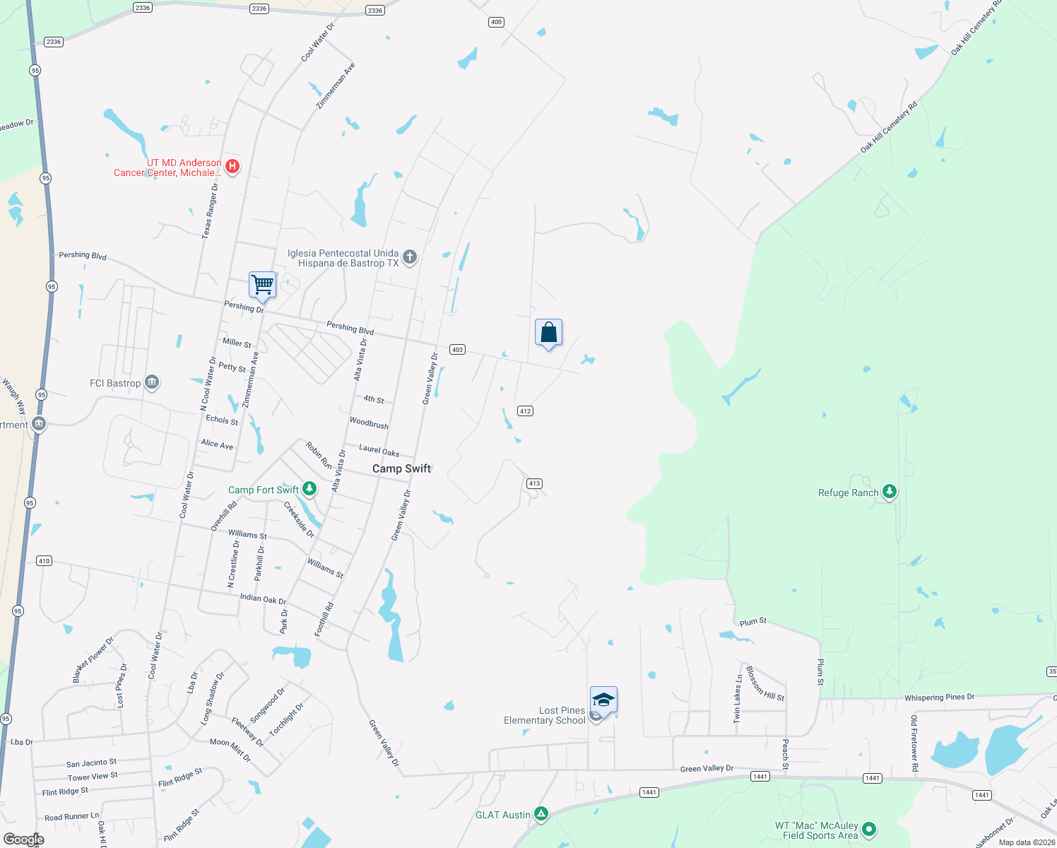 map of restaurants, bars, coffee shops, grocery stores, and more near 140 Rice Avenue in Bastrop