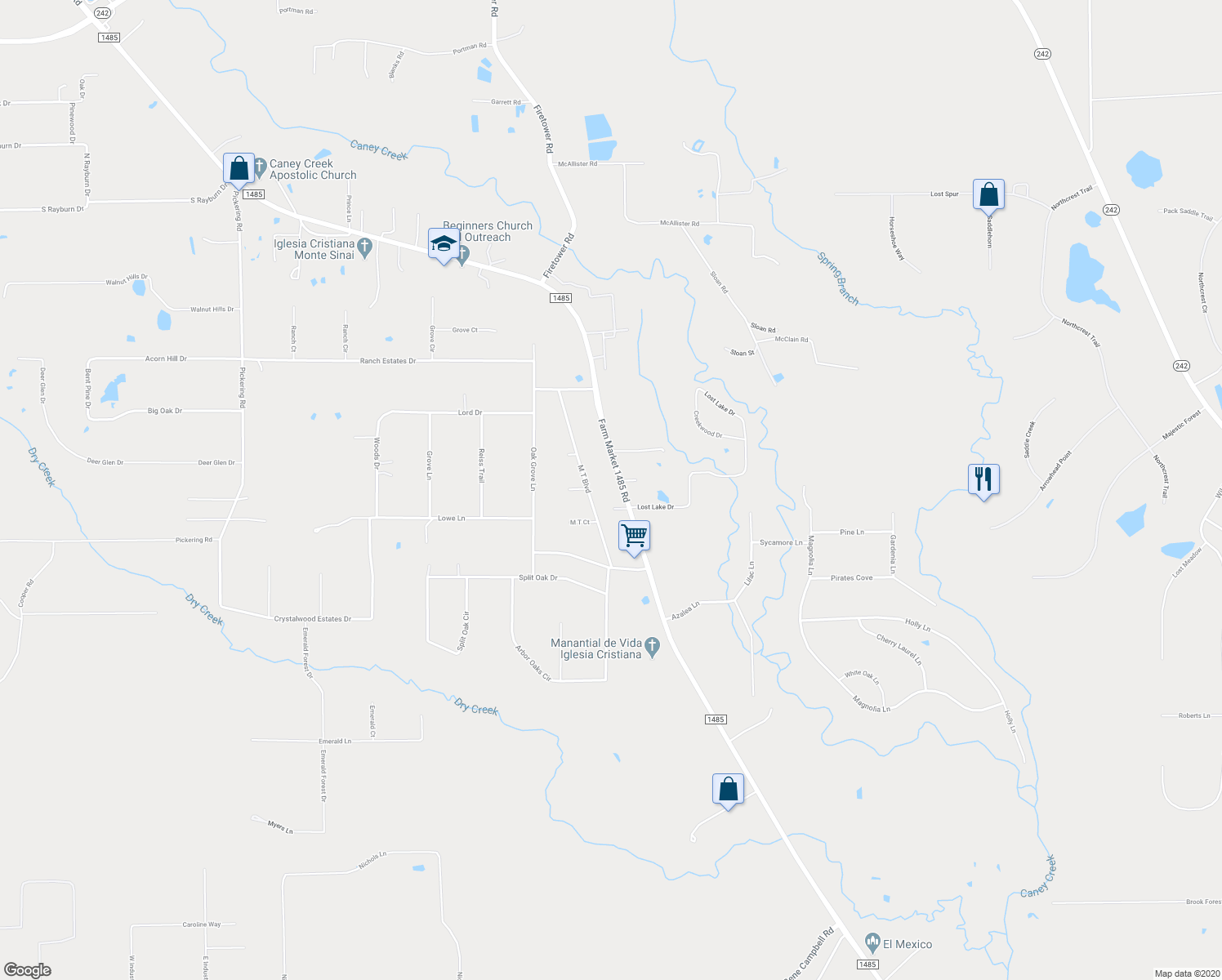 map of restaurants, bars, coffee shops, grocery stores, and more near 17582 Farm to Market 1485 in New Caney