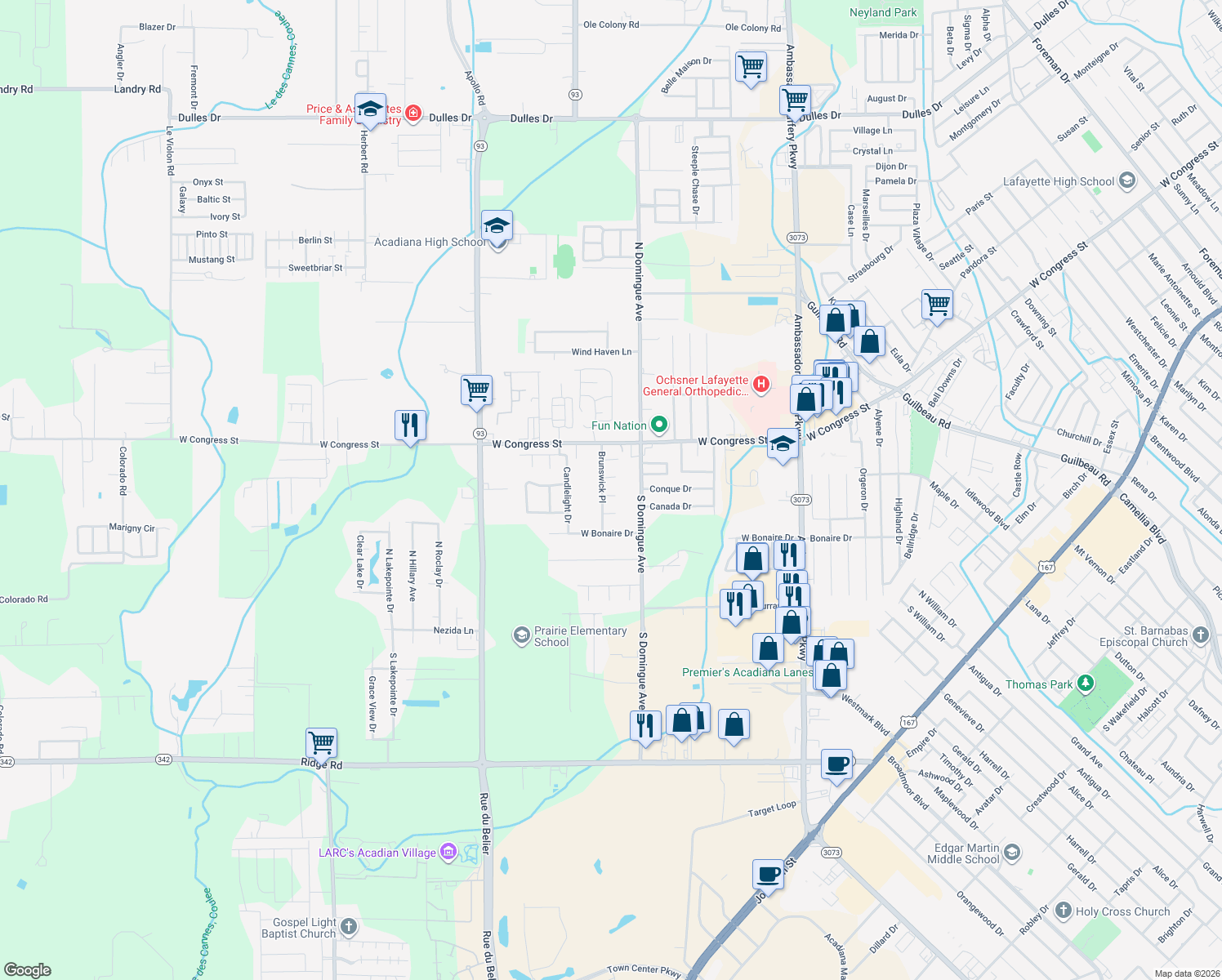 map of restaurants, bars, coffee shops, grocery stores, and more near 103 Providence Court in Lafayette