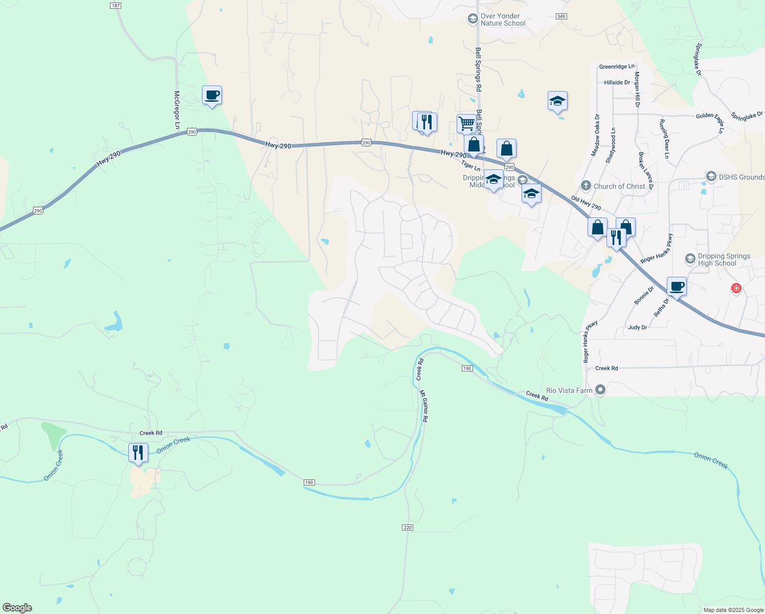 map of restaurants, bars, coffee shops, grocery stores, and more near 1700 East Creek Drive in Dripping Springs