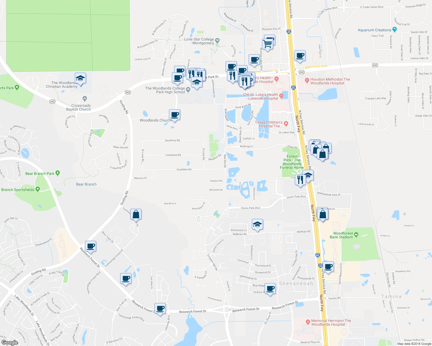map of restaurants, bars, coffee shops, grocery stores, and more near 2403 Southline Road in Conroe