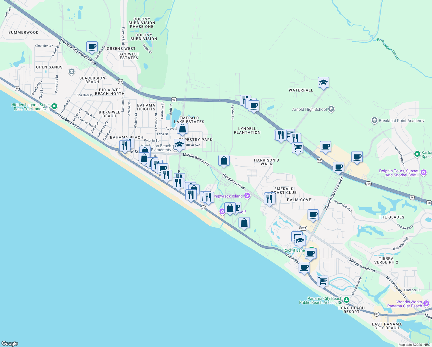 map of restaurants, bars, coffee shops, grocery stores, and more near 12501 Hutchison Boulevard in Panama City Beach