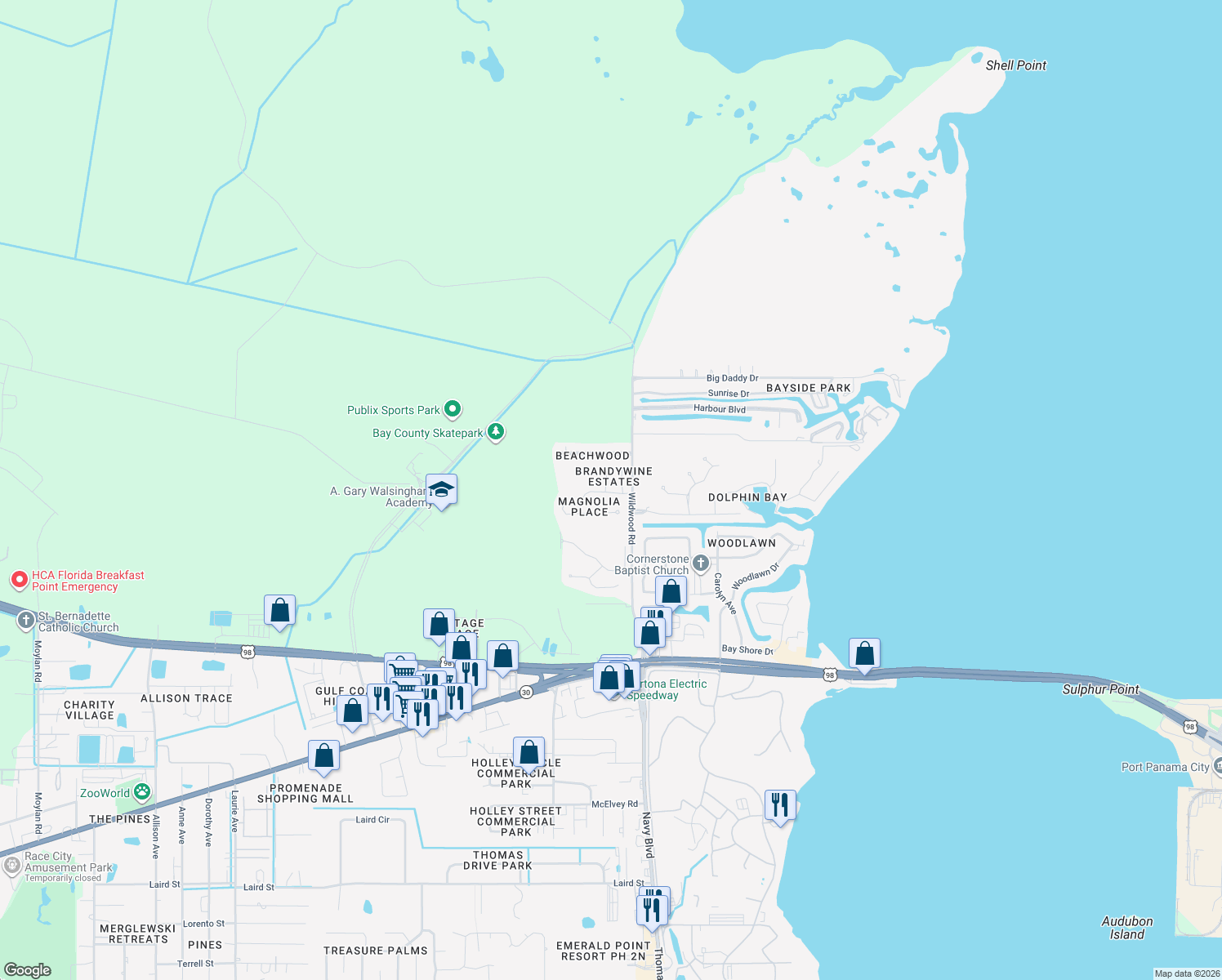 map of restaurants, bars, coffee shops, grocery stores, and more near 102 Dana Way in Panama City Beach