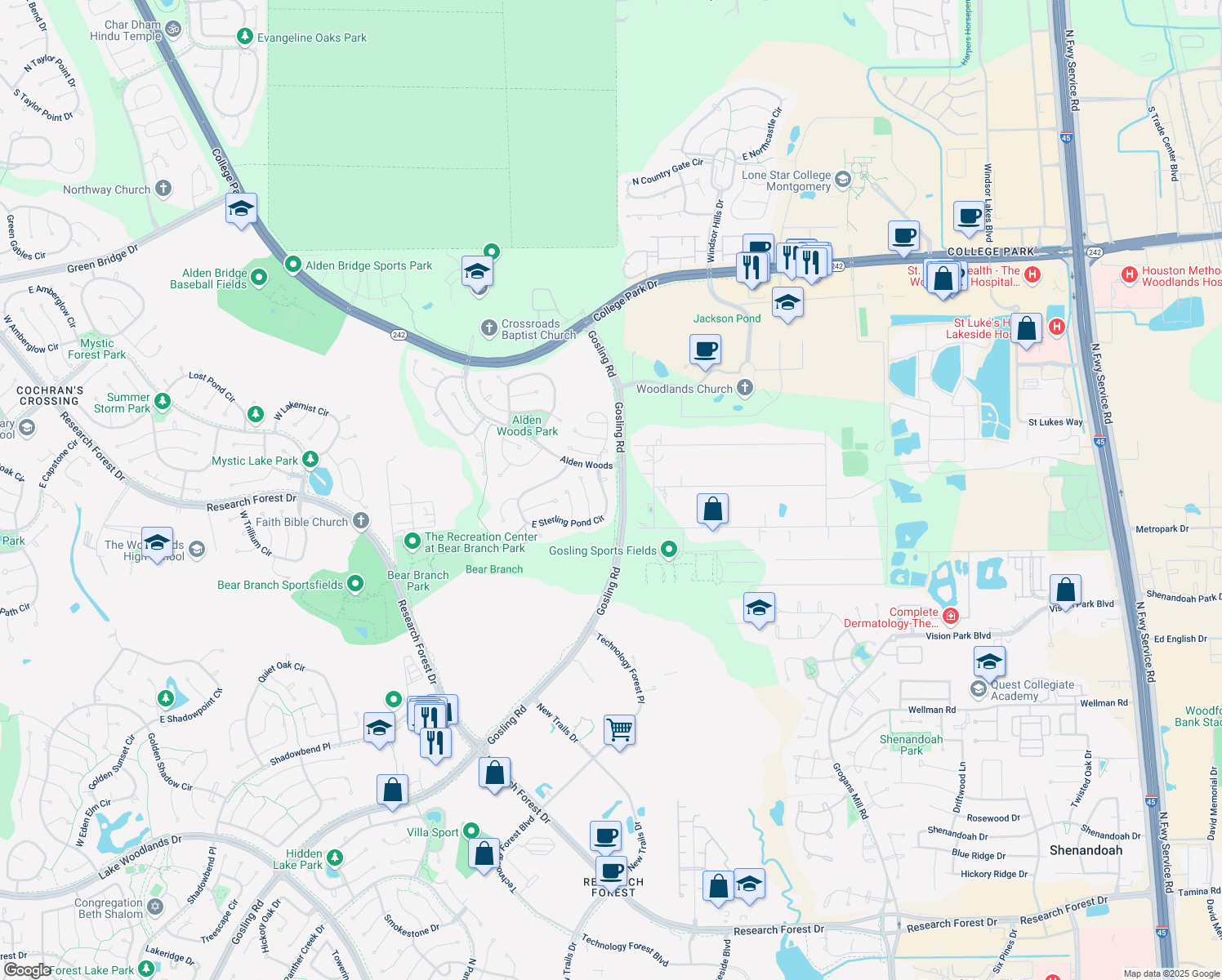 map of restaurants, bars, coffee shops, grocery stores, and more near 23 East Sterling Pond Circle in Spring
