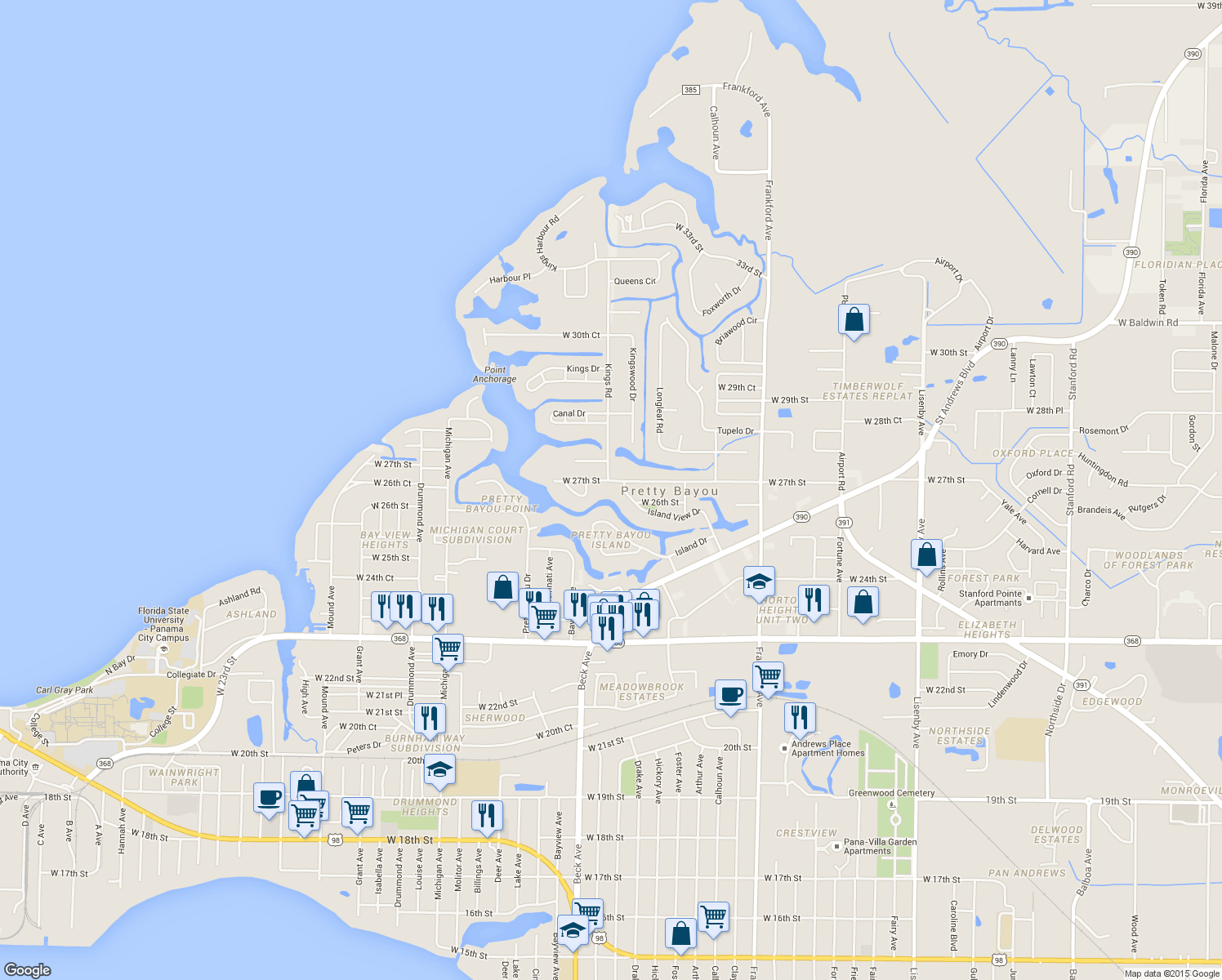map of restaurants, bars, coffee shops, grocery stores, and more near 2903 West 27th Street in Panama City