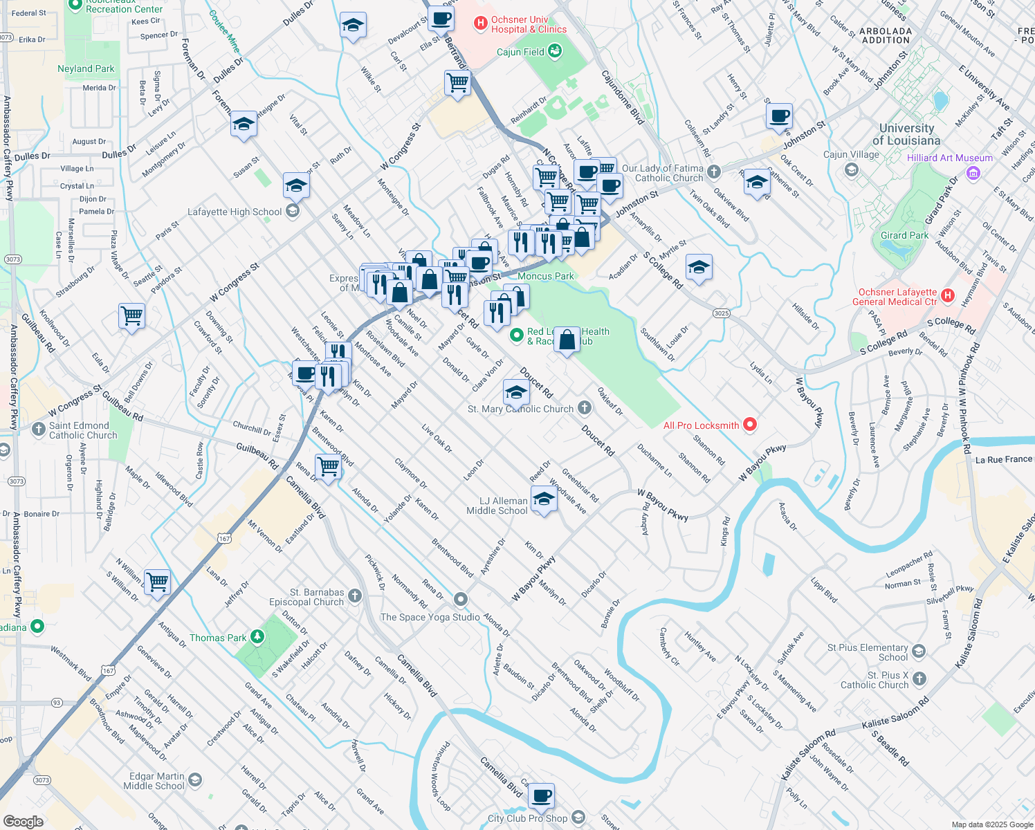 map of restaurants, bars, coffee shops, grocery stores, and more near 100 Leon Drive in Lafayette