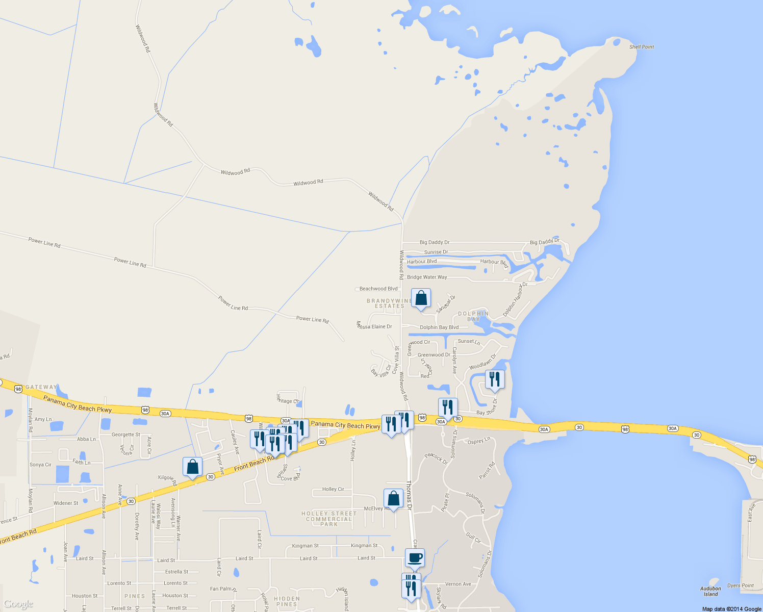 map of restaurants, bars, coffee shops, grocery stores, and more near 102 Dana Way in Panama City Beach