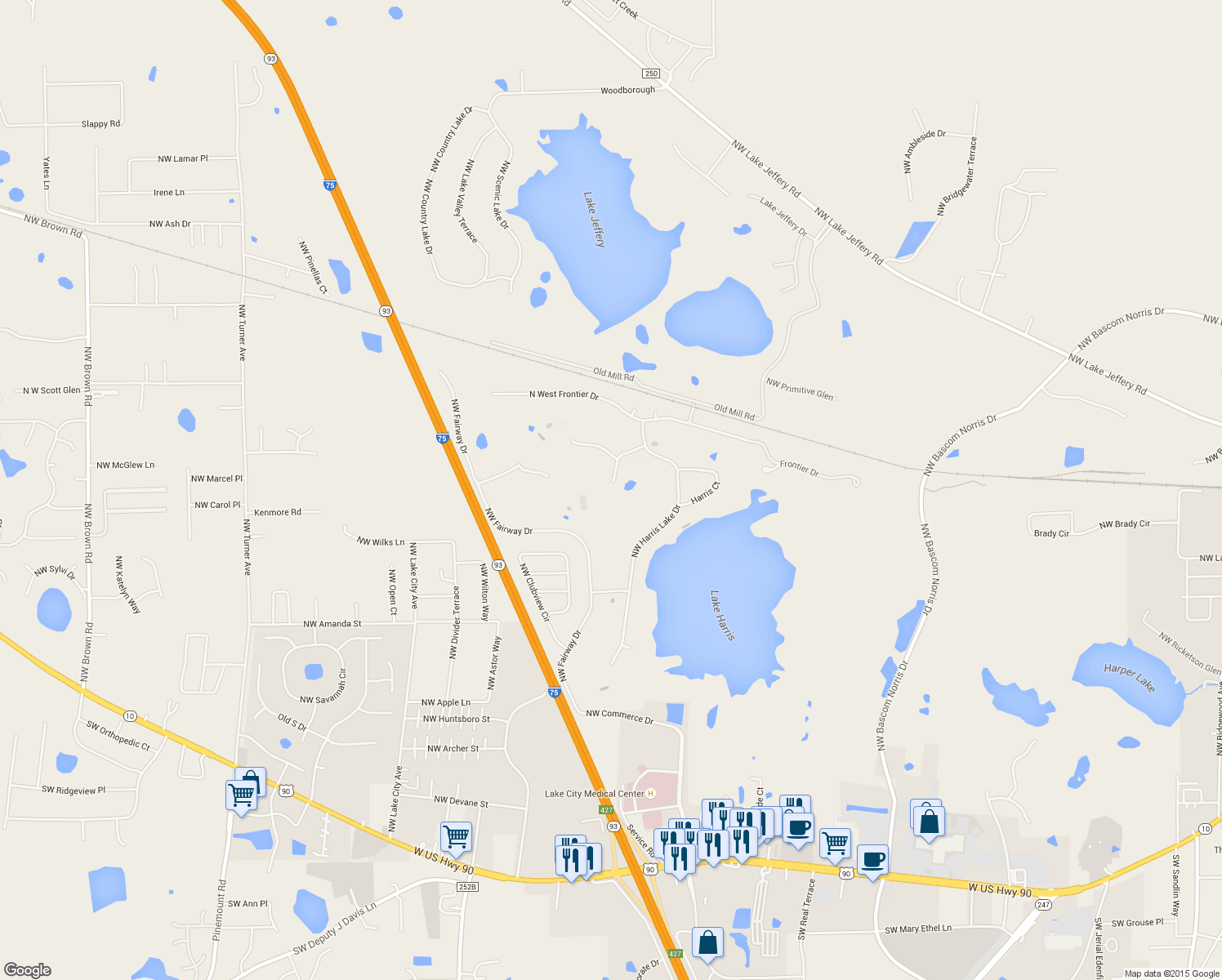 map of restaurants, bars, coffee shops, grocery stores, and more near 179 Otter Lane in Lake City