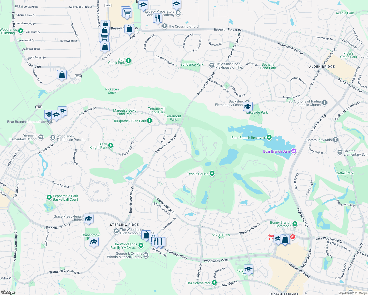 map of restaurants, bars, coffee shops, grocery stores, and more near 11 Baronial Circle in Spring