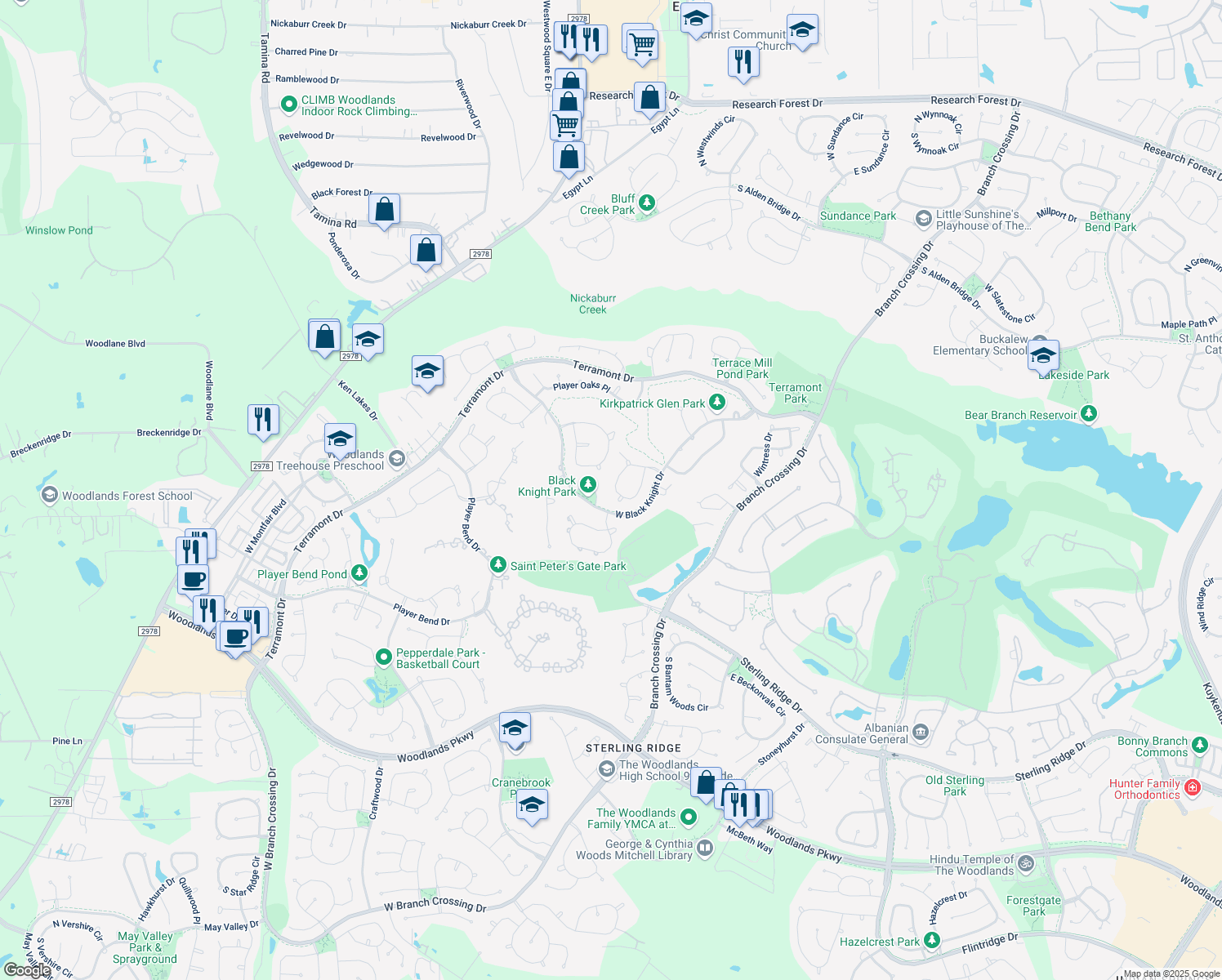 map of restaurants, bars, coffee shops, grocery stores, and more near 46 North Player Manor Circle in The Woodlands