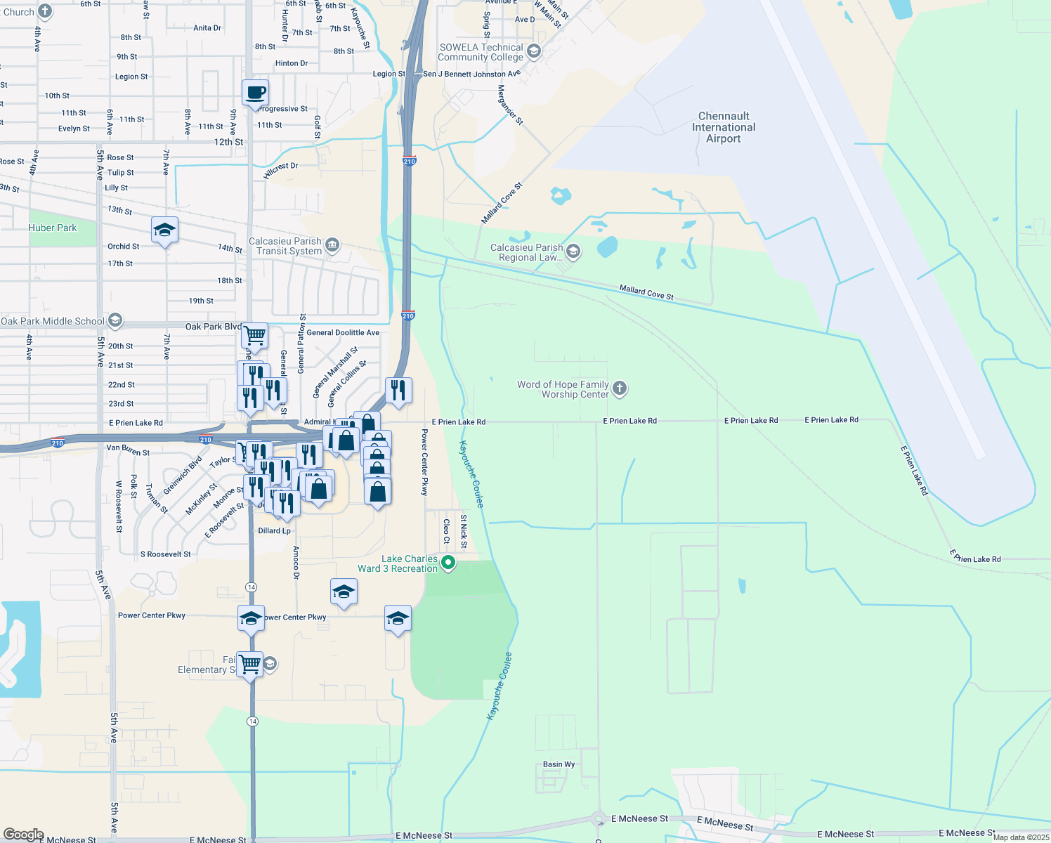 map of restaurants, bars, coffee shops, grocery stores, and more near 4092 E Prien Lake Rd in Lake Charles
