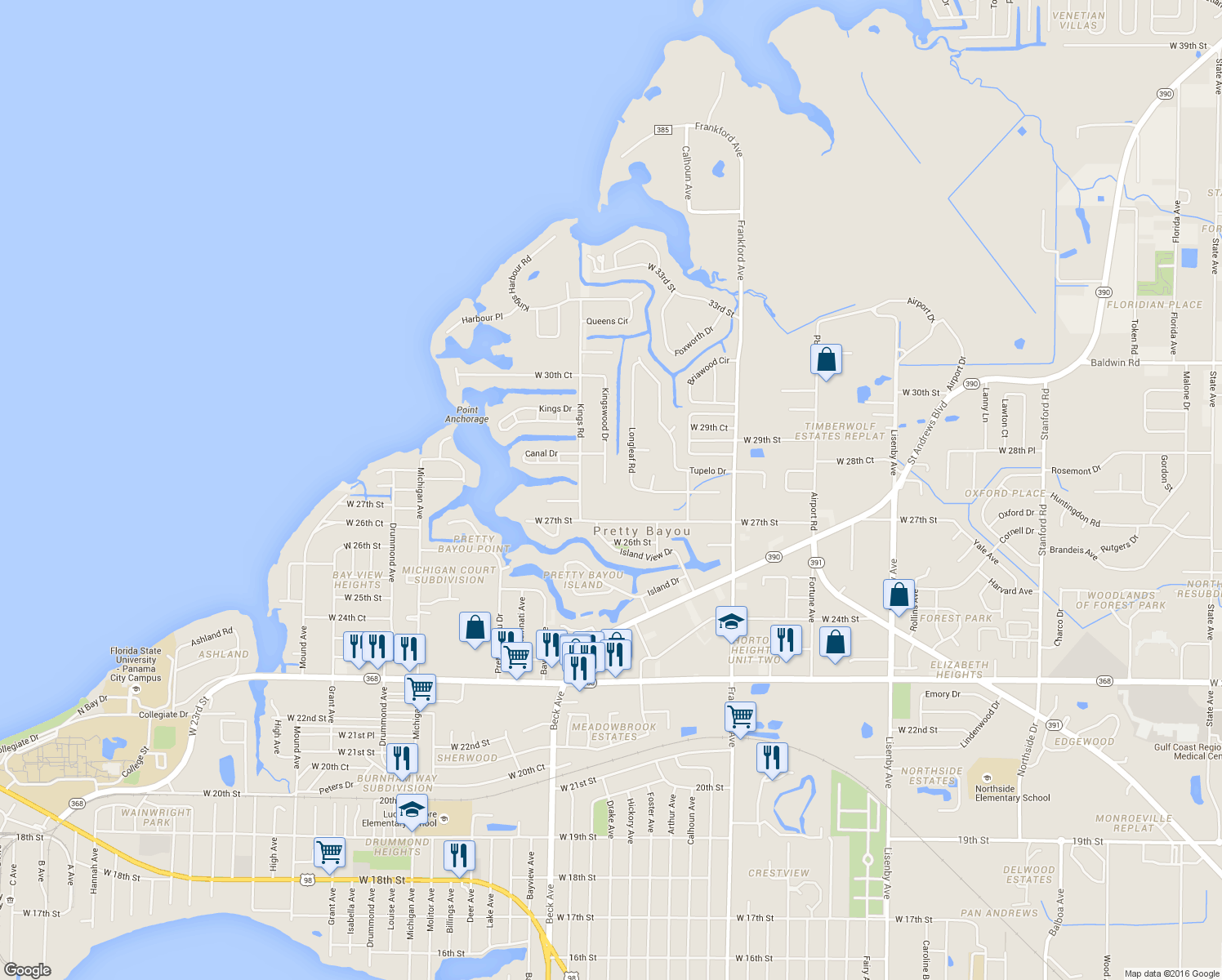 map of restaurants, bars, coffee shops, grocery stores, and more near 2700 Kingswood Drive in Panama City