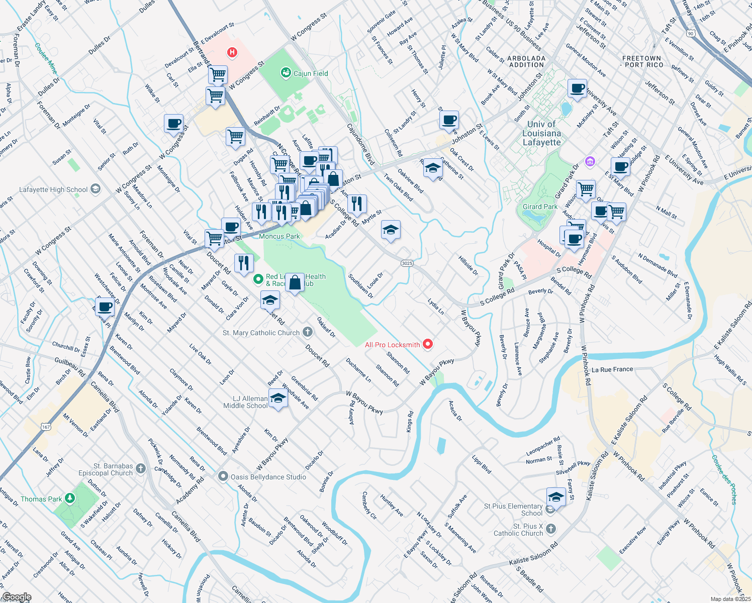 map of restaurants, bars, coffee shops, grocery stores, and more near 215 Clem Dr in Lafayette