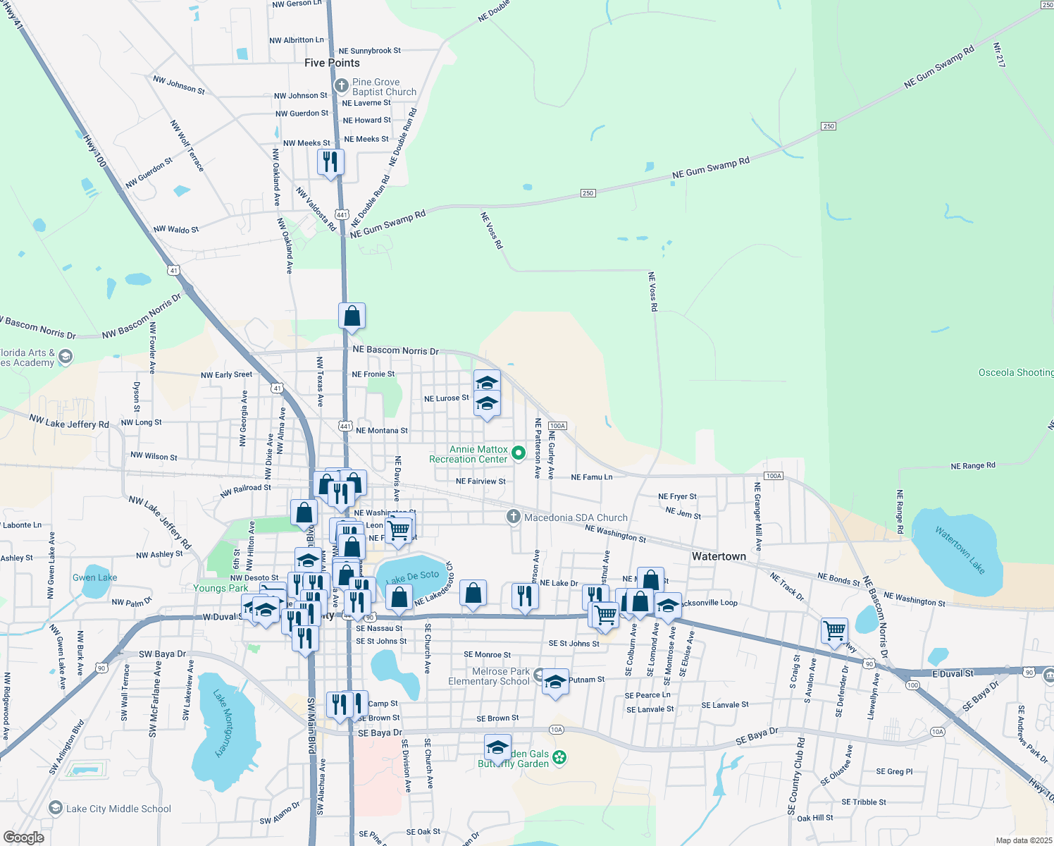 map of restaurants, bars, coffee shops, grocery stores, and more near 807 Northeast Richardson Terrace in Lake City