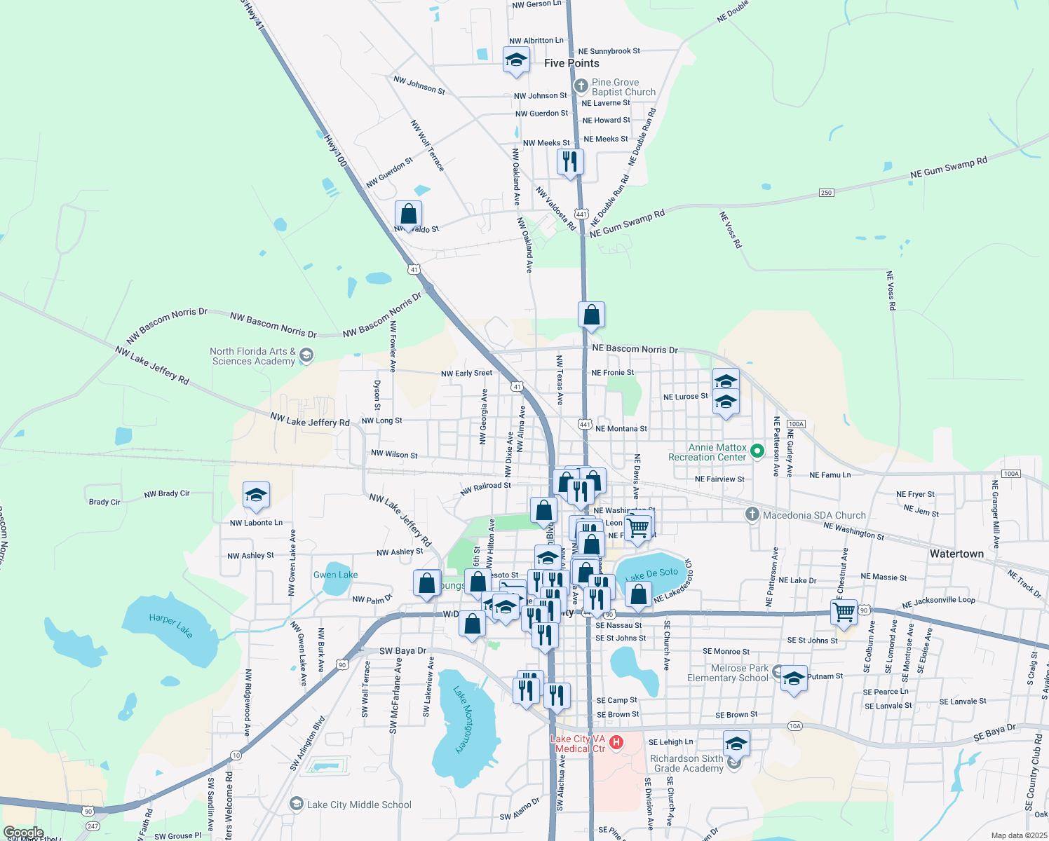 map of restaurants, bars, coffee shops, grocery stores, and more near 326 Northwest Long Street in Lake City