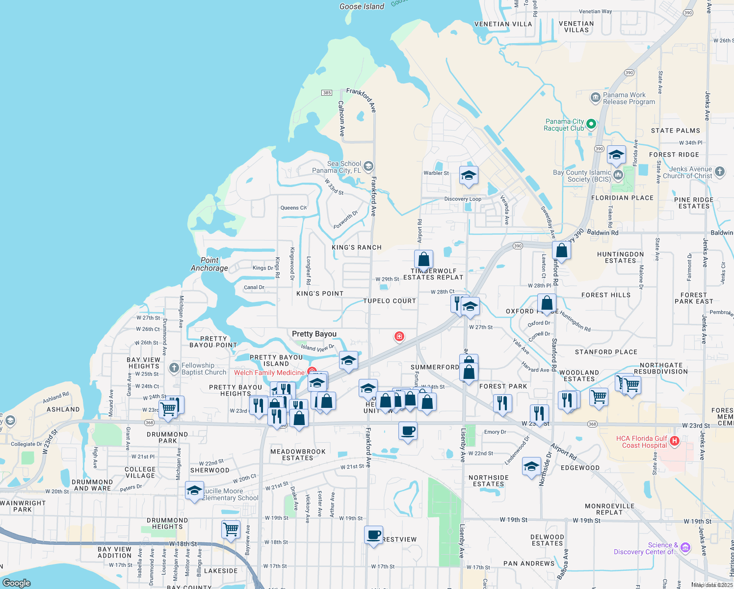 map of restaurants, bars, coffee shops, grocery stores, and more near 2913 Tupelo Drive in Panama City