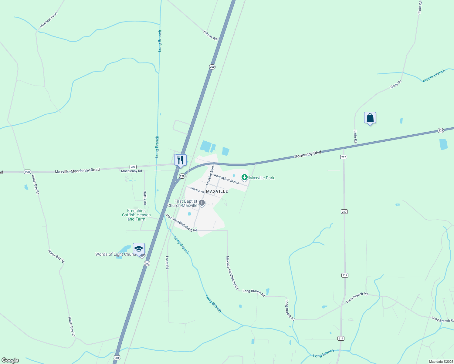 map of restaurants, bars, coffee shops, grocery stores, and more near 18238 Pennsylvania Avenue in Jacksonville