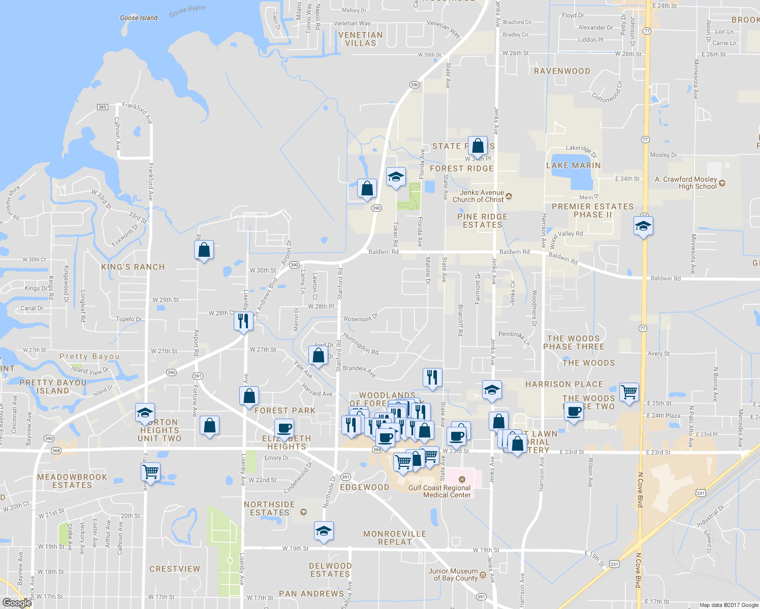 map of restaurants, bars, coffee shops, grocery stores, and more near 928 Rosemont Drive in Panama City