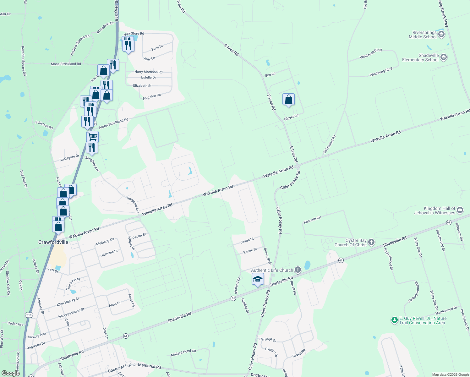 map of restaurants, bars, coffee shops, grocery stores, and more near 225 Foxrun Circle in Crawfordville