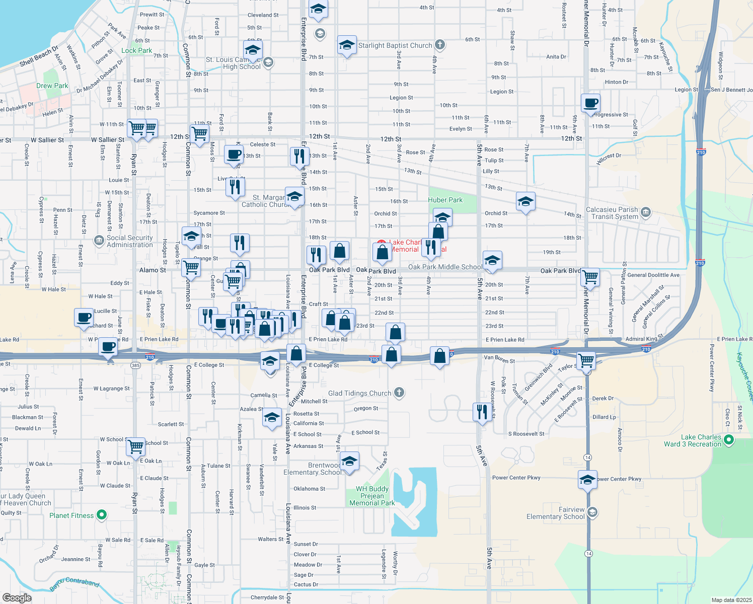 map of restaurants, bars, coffee shops, grocery stores, and more near 1608 21st St in Lake Charles