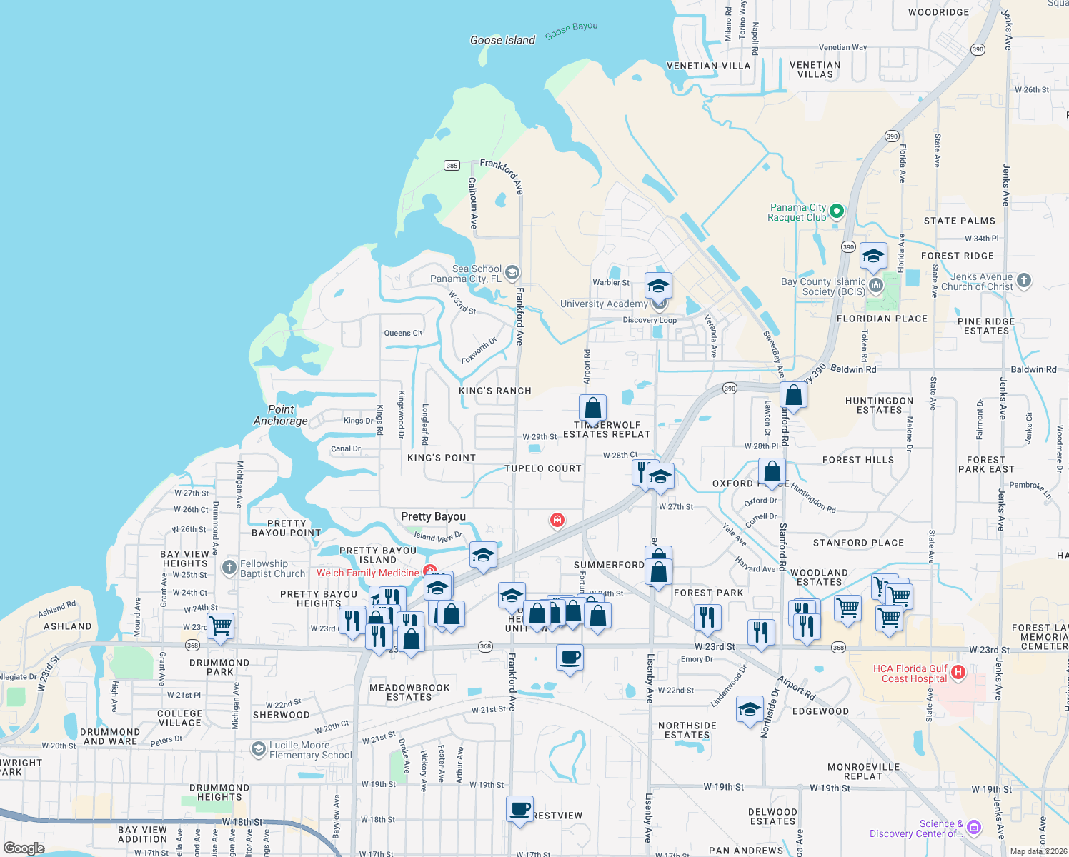 map of restaurants, bars, coffee shops, grocery stores, and more near 2004 West 29th Street in Panama City