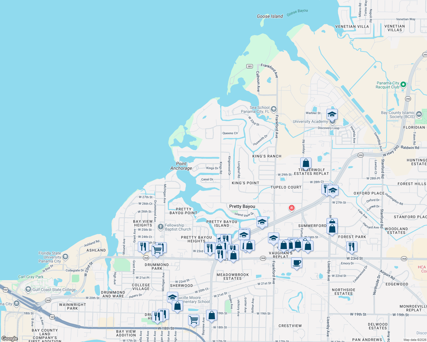 map of restaurants, bars, coffee shops, grocery stores, and more near 2919 Kings Drive in Panama City
