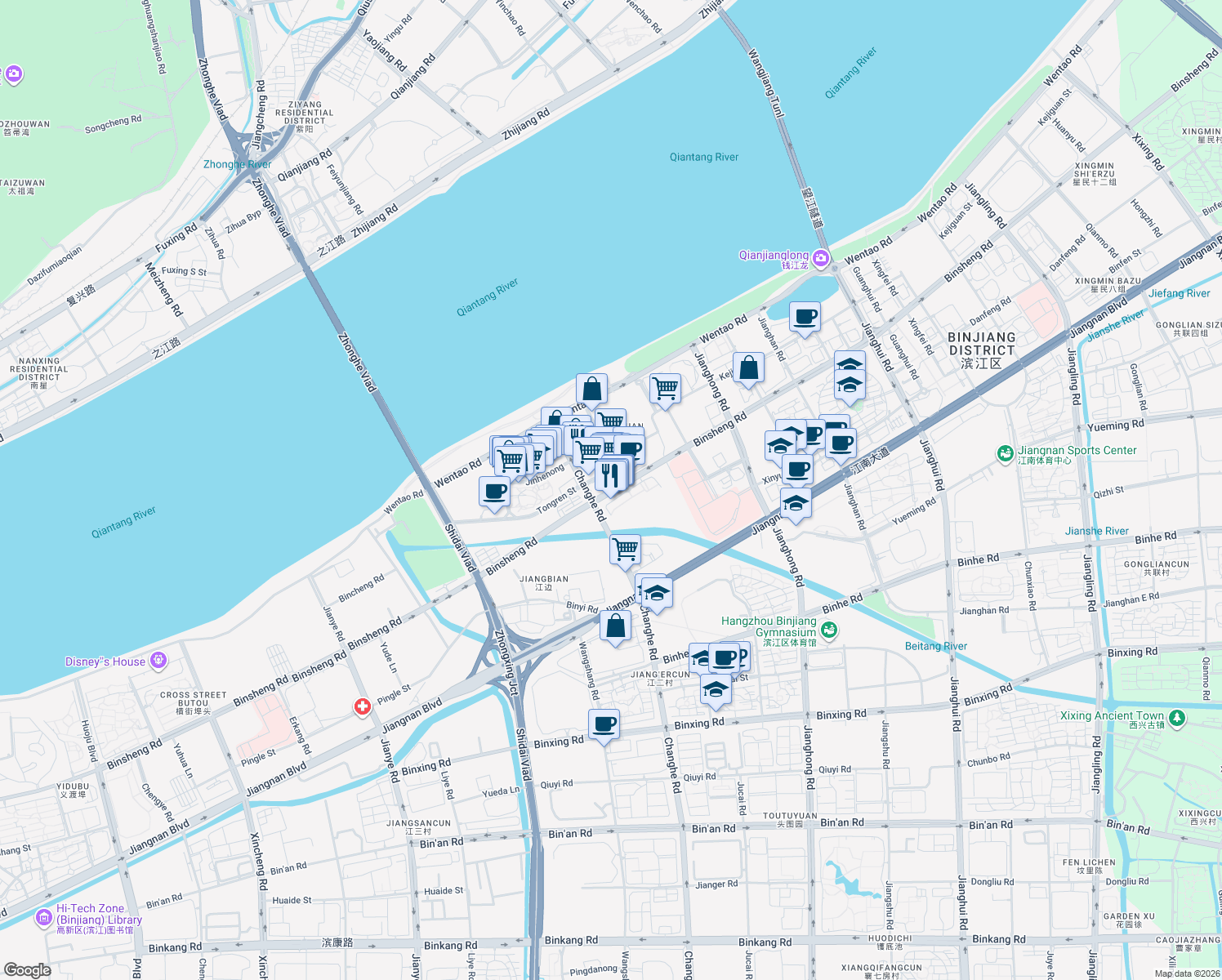 map of restaurants, bars, coffee shops, grocery stores, and more near Bin Sheng Lu in Hang Zhou Shi
