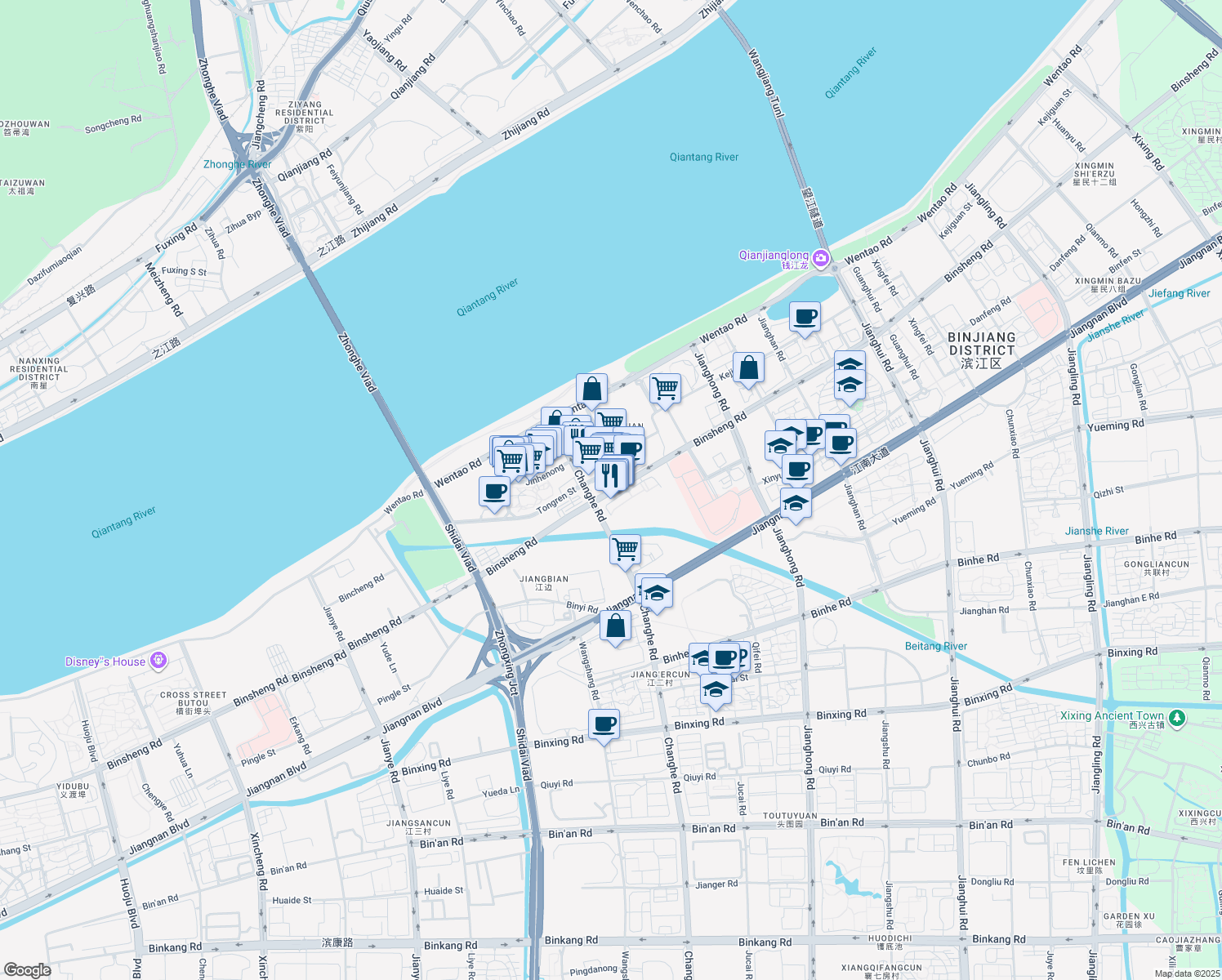 map of restaurants, bars, coffee shops, grocery stores, and more near Bin Sheng Lu in Hang Zhou Shi
