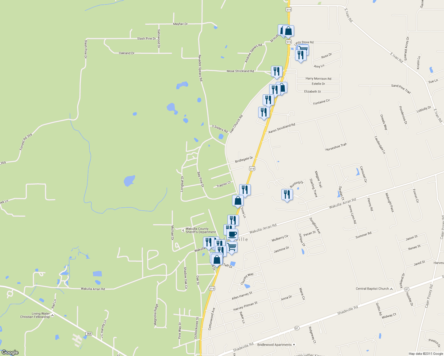 map of restaurants, bars, coffee shops, grocery stores, and more near 27 Shoemaker Court in Crawfordville