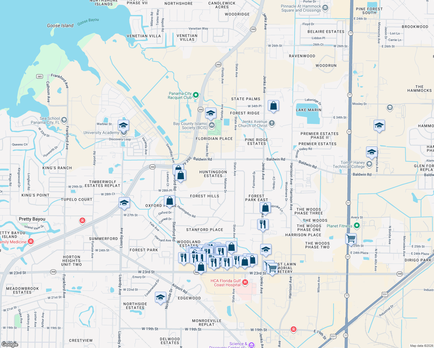 map of restaurants, bars, coffee shops, grocery stores, and more near 802 Marywood Drive in Panama City