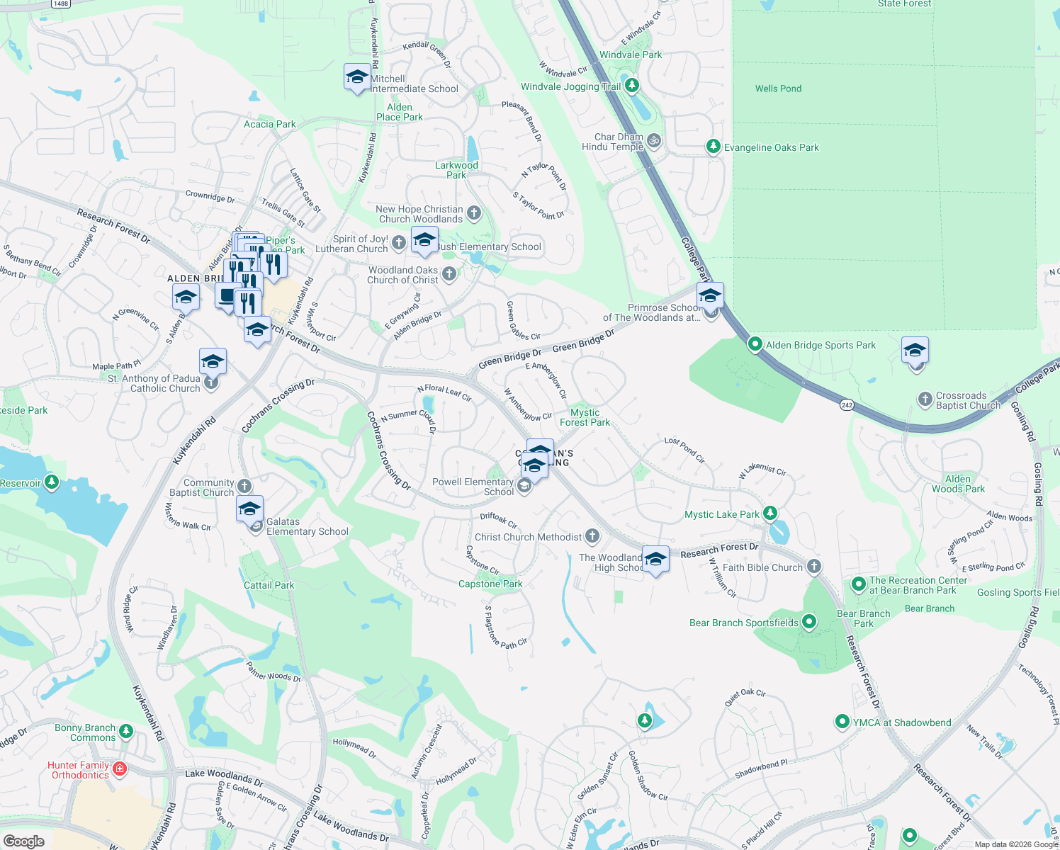 map of restaurants, bars, coffee shops, grocery stores, and more near 198 W Amberglow Cir in Spring