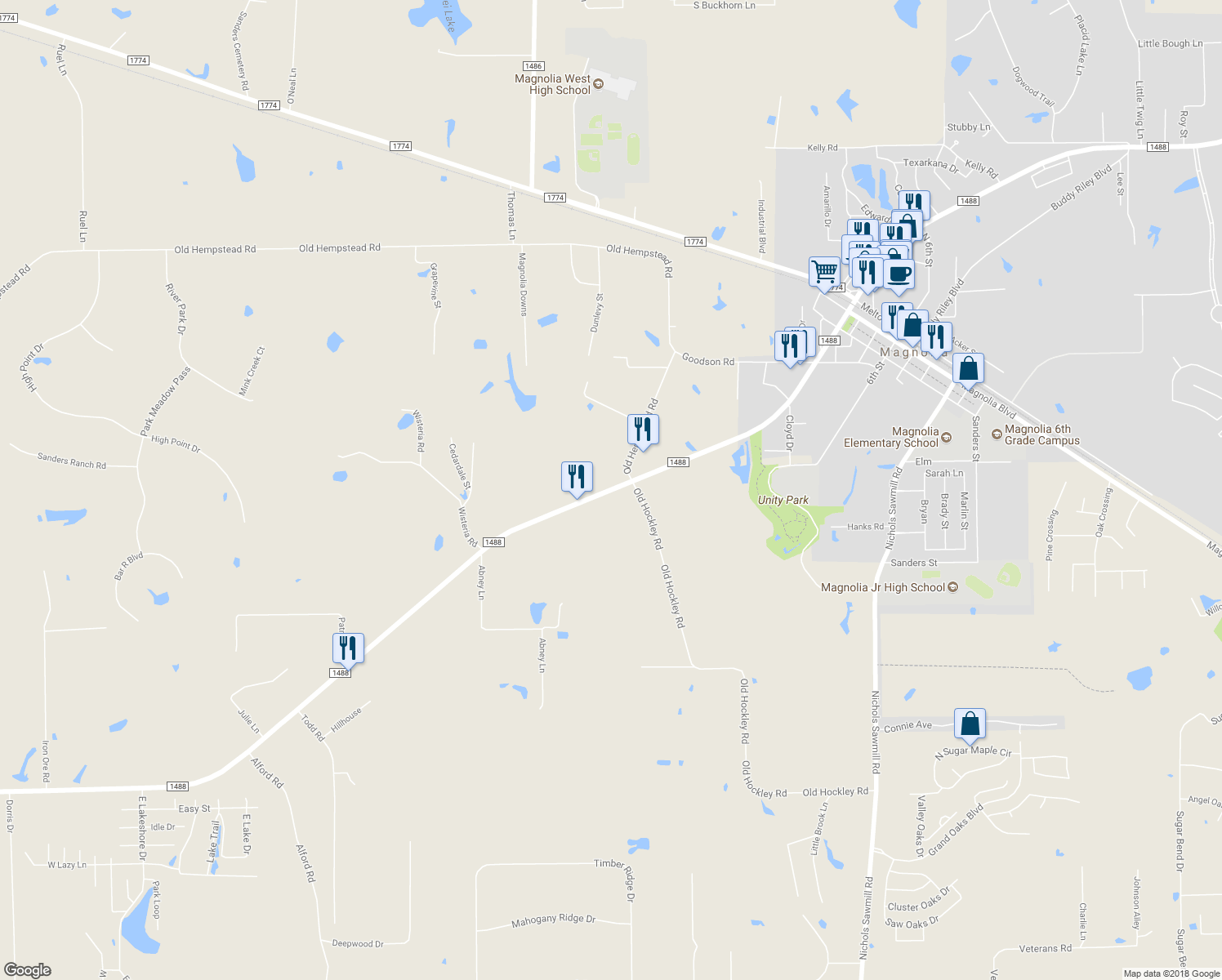 map of restaurants, bars, coffee shops, grocery stores, and more near 19811 Farm to Market Road 1488 in Magnolia