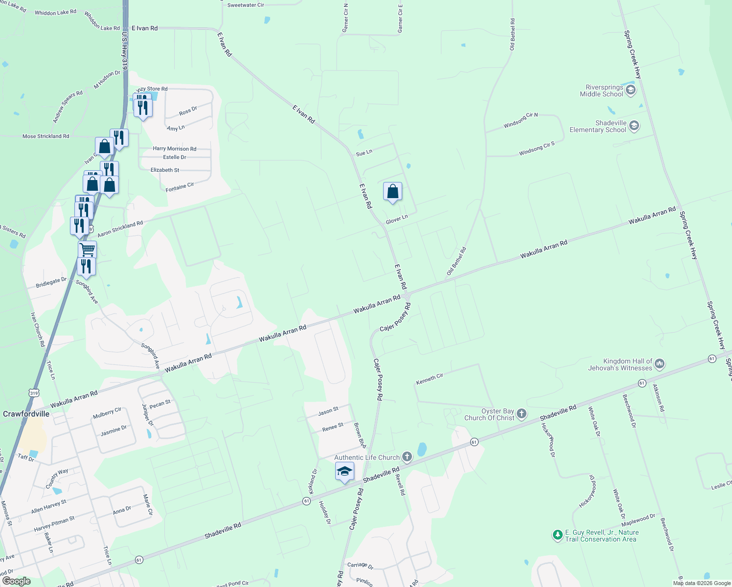 map of restaurants, bars, coffee shops, grocery stores, and more near 1324 Wakulla-Arran Road in Crawfordville