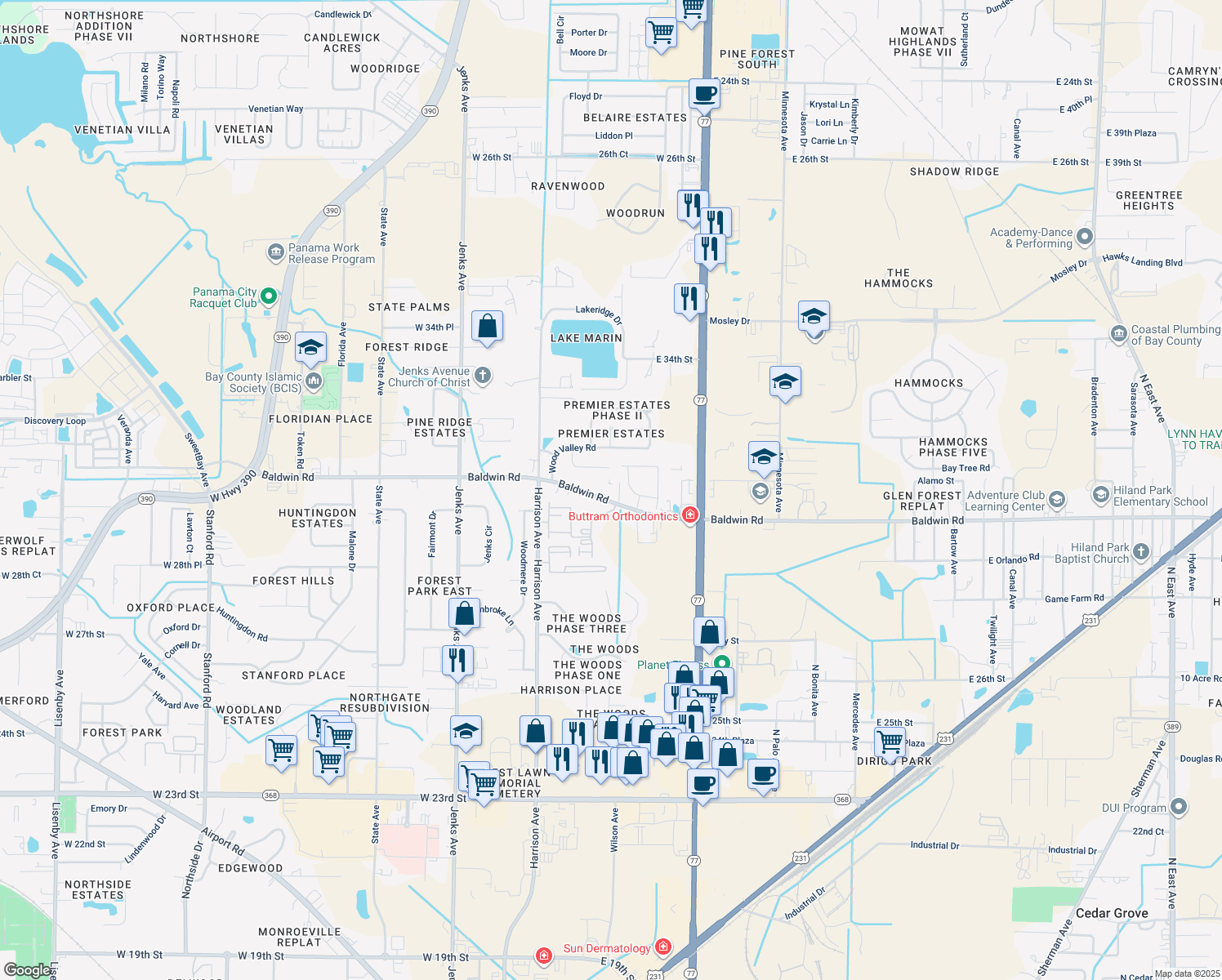 map of restaurants, bars, coffee shops, grocery stores, and more near 237 East Baldwin Road in Panama City