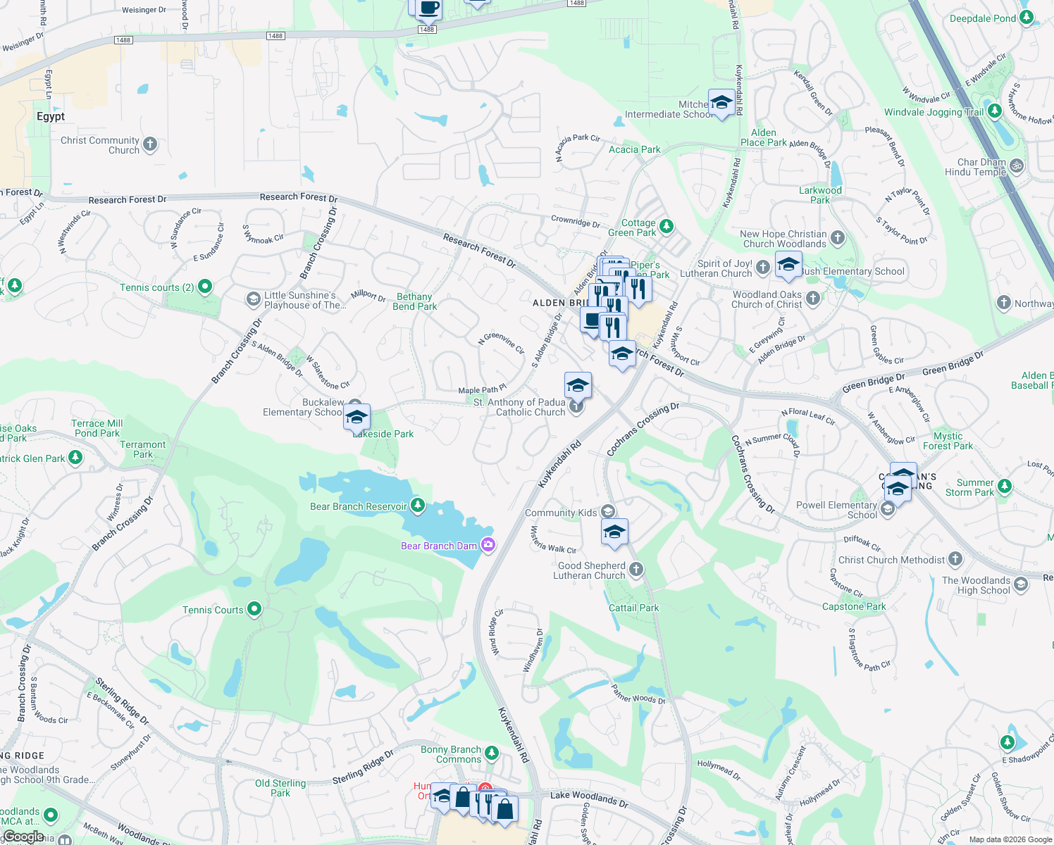 map of restaurants, bars, coffee shops, grocery stores, and more near 18 Juniper Grove Place in The Woodlands