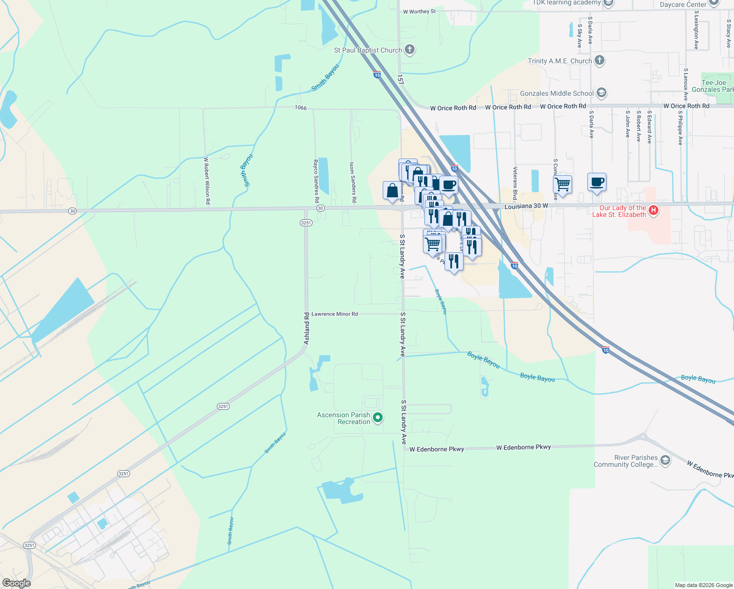 map of restaurants, bars, coffee shops, grocery stores, and more near 9289 Mark Pierce Rd in Gonzales