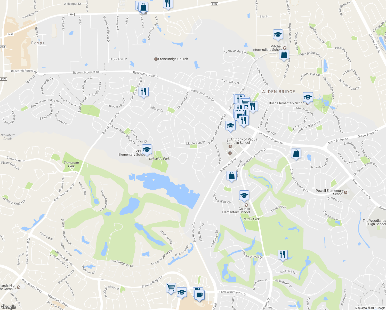 map of restaurants, bars, coffee shops, grocery stores, and more near 14 Floret Court in Spring