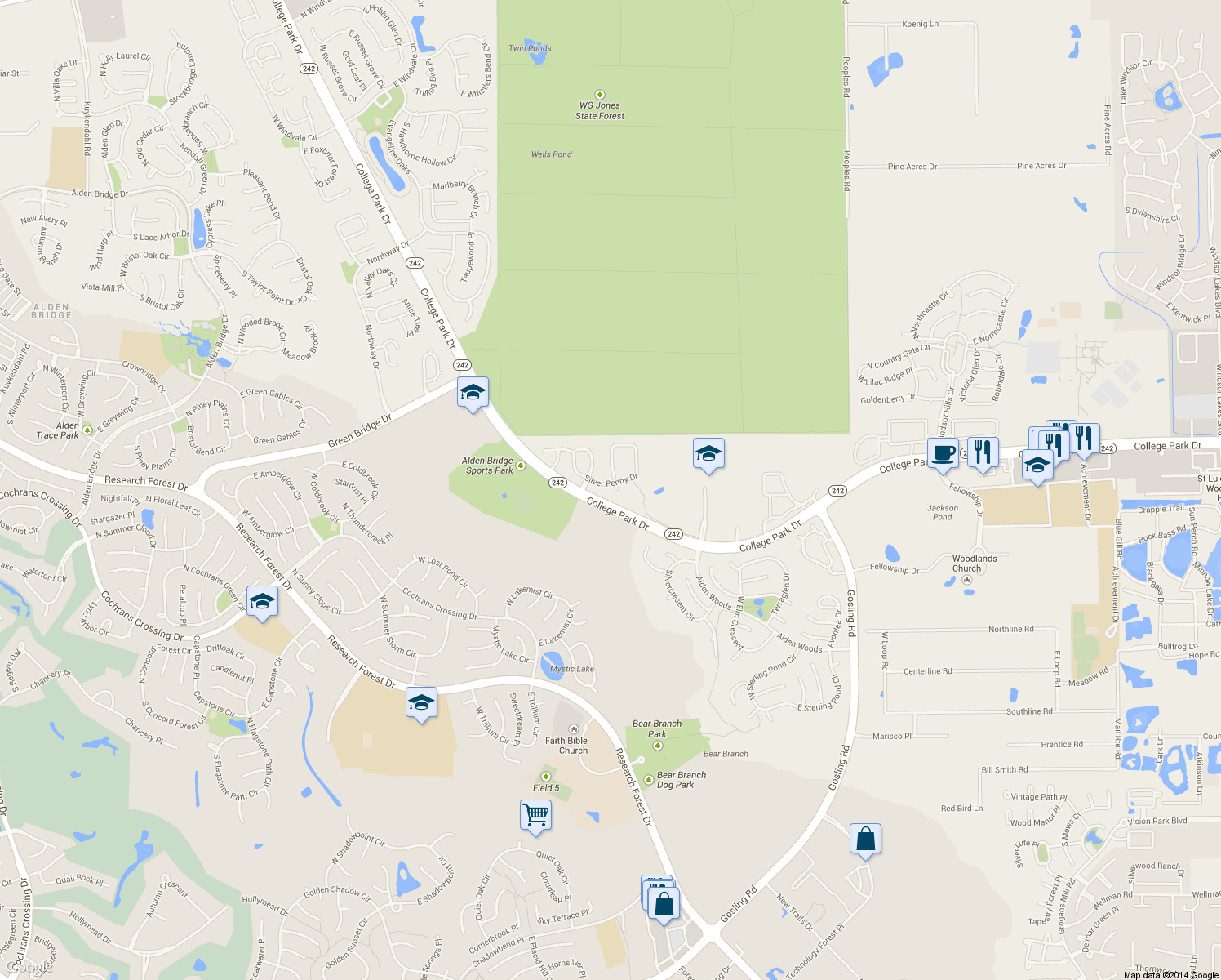map of restaurants, bars, coffee shops, grocery stores, and more near 262 Liriope Court in Conroe