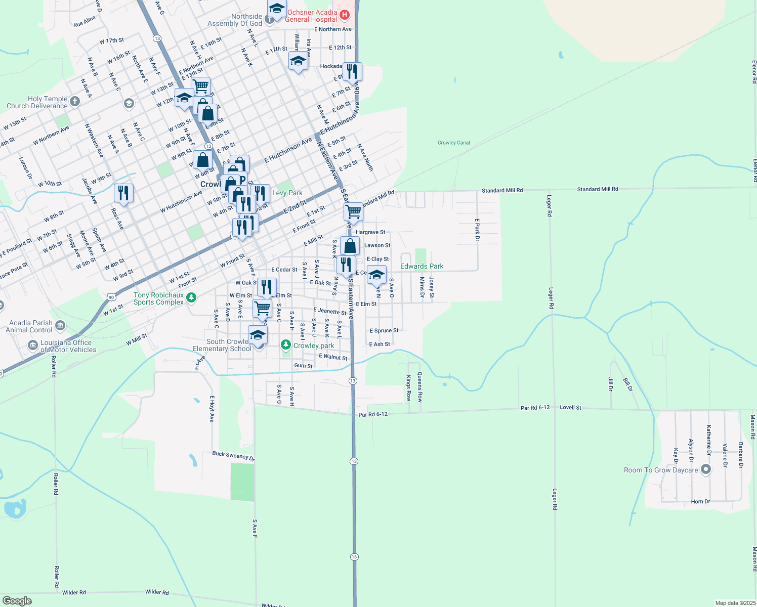 map of restaurants, bars, coffee shops, grocery stores, and more near 999 East Elm Street in Crowley