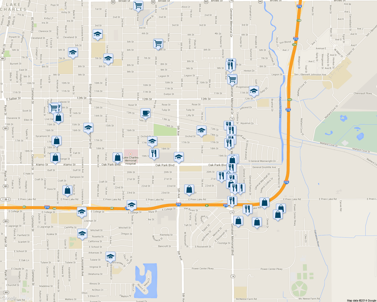 map of restaurants, bars, coffee shops, grocery stores, and more near 2234 18th St in Lake Charles