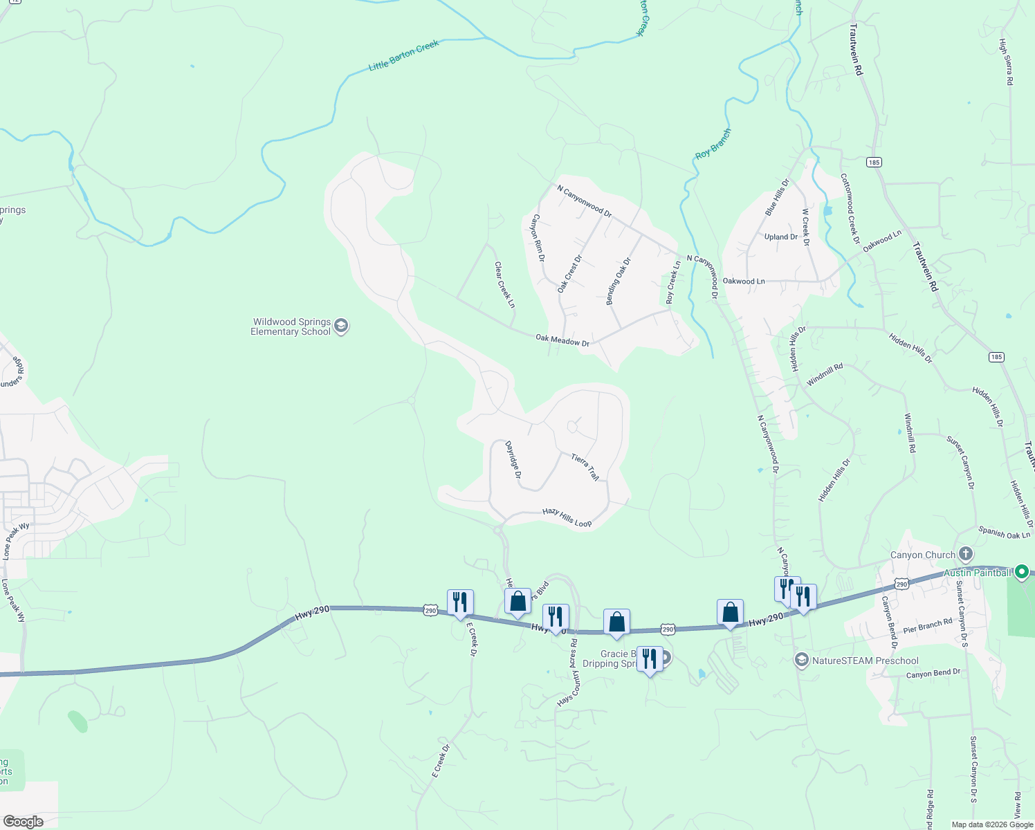 map of restaurants, bars, coffee shops, grocery stores, and more near 1397 Hazy Hills Loop in Dripping Springs