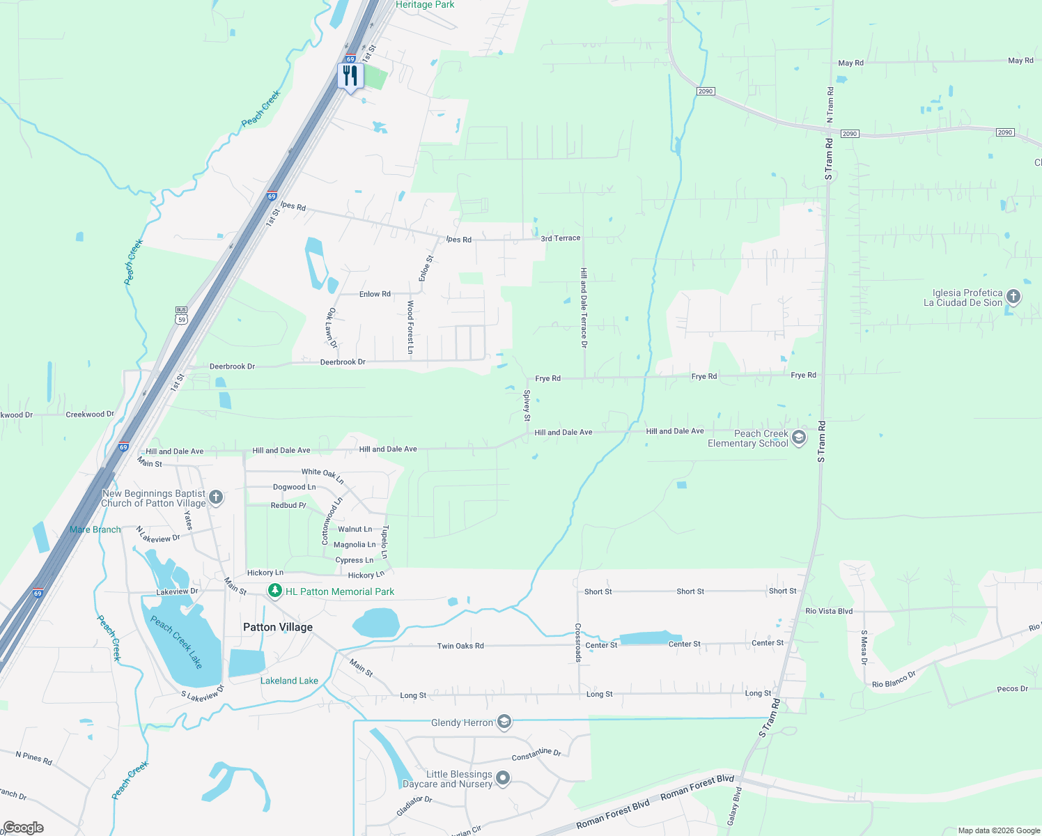map of restaurants, bars, coffee shops, grocery stores, and more near 16448 Spivey Street in Splendora