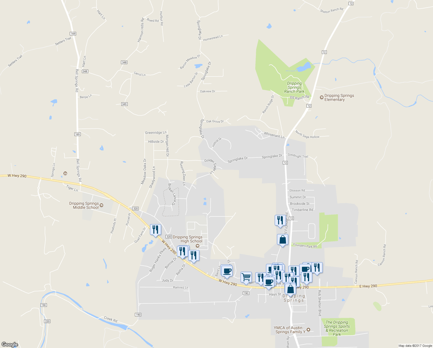 map of restaurants, bars, coffee shops, grocery stores, and more near 139 Prairie Wolf Court in Dripping Springs