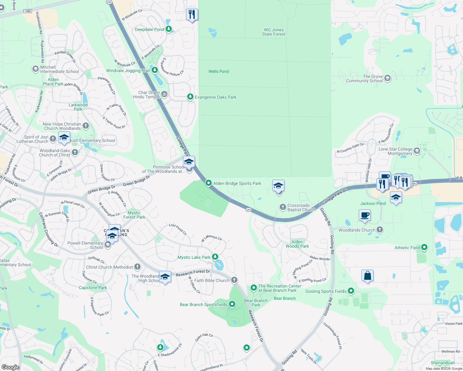map of restaurants, bars, coffee shops, grocery stores, and more near 35 East Twinvale Loop in The Woodlands