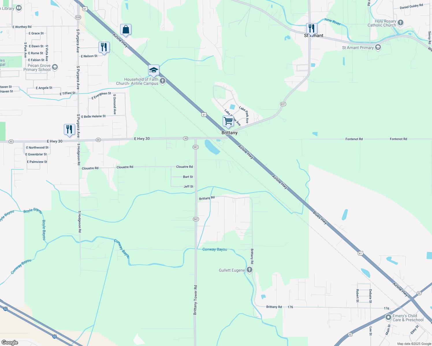 map of restaurants, bars, coffee shops, grocery stores, and more near 43099 Rose Rd in Gonzales