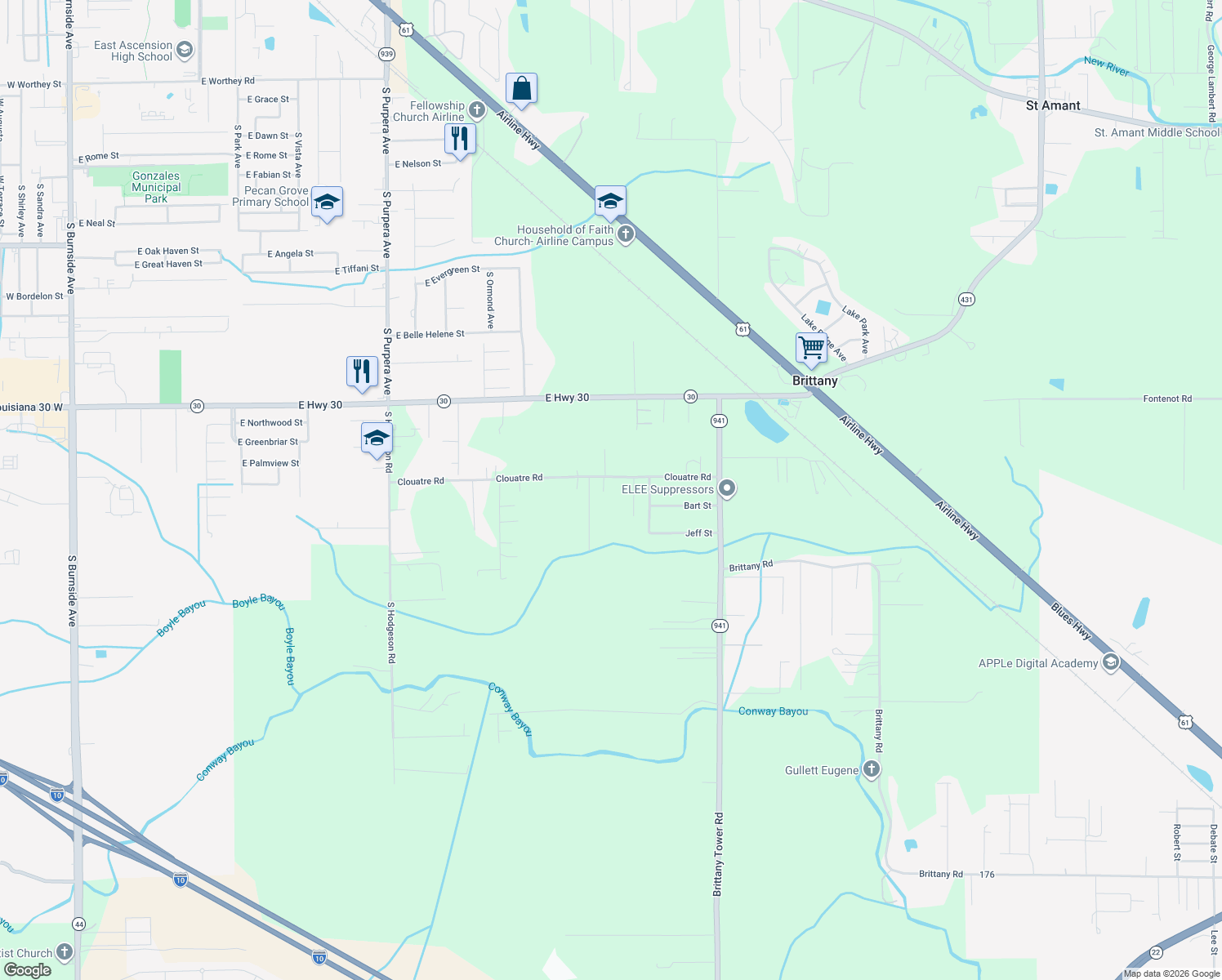 map of restaurants, bars, coffee shops, grocery stores, and more near 42365 Clouatre Rd in Gonzales